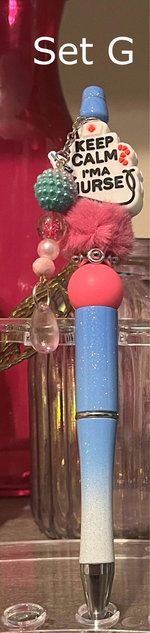 Glitter Blue-White Ombré Beaded Pens