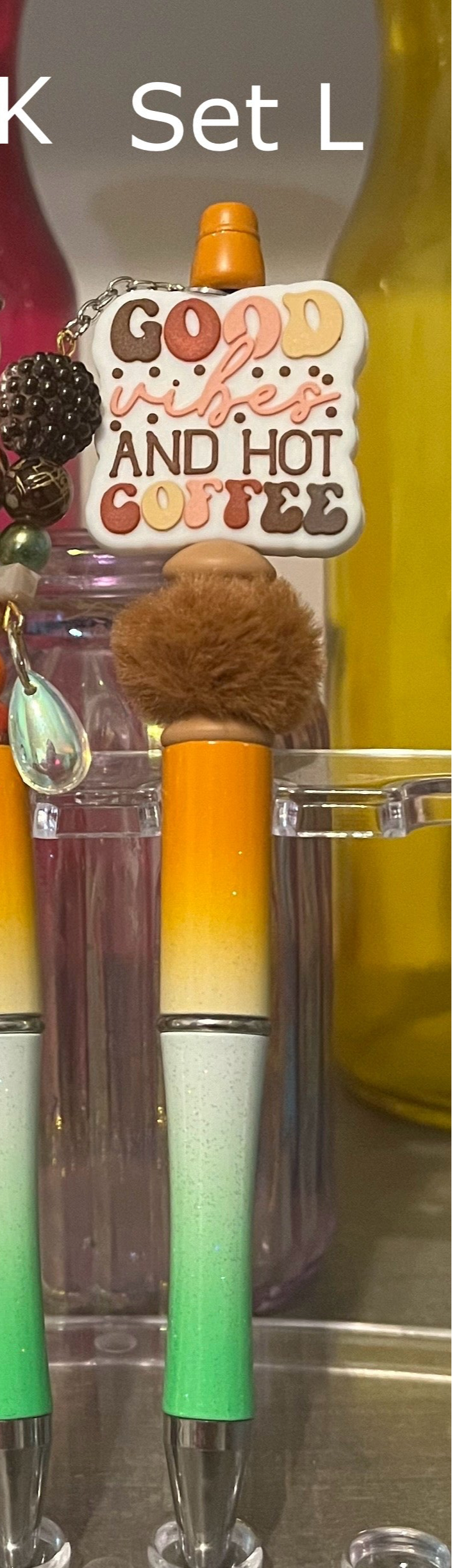 Glitter Orange-White-Green Ombré Beaded Pens