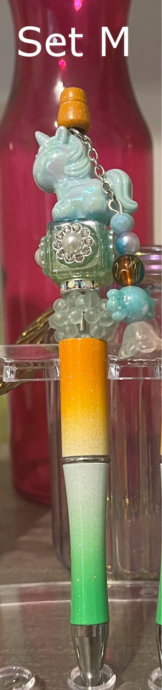Glitter Orange-White-Green Ombré Beaded Pens