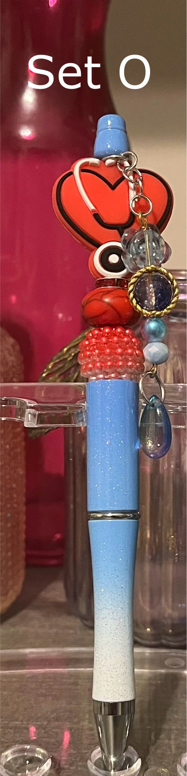 Glitter Blue-White Ombré Beaded Pens