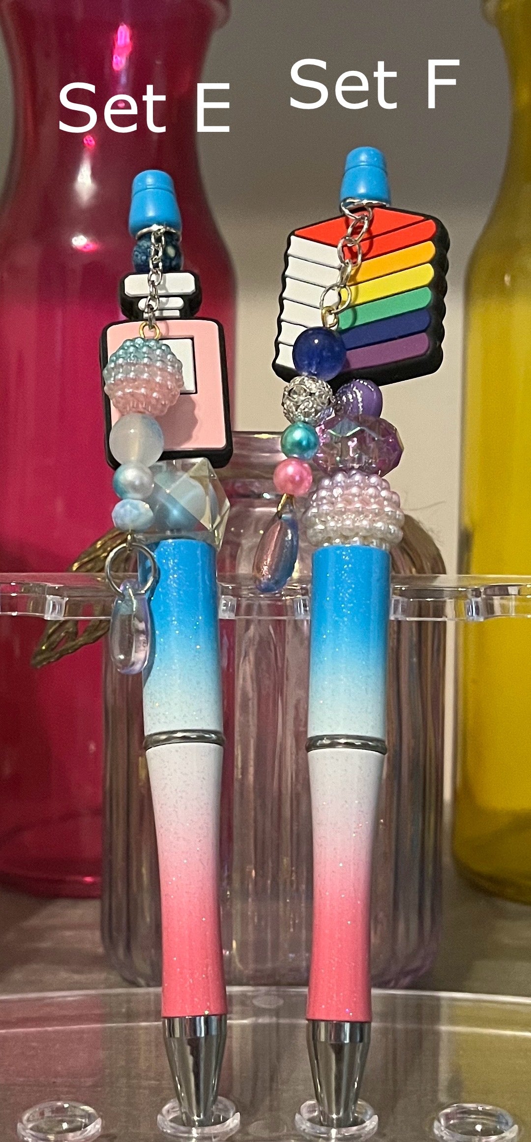Glitter Blue-White-Pink Ombré Beaded Pens