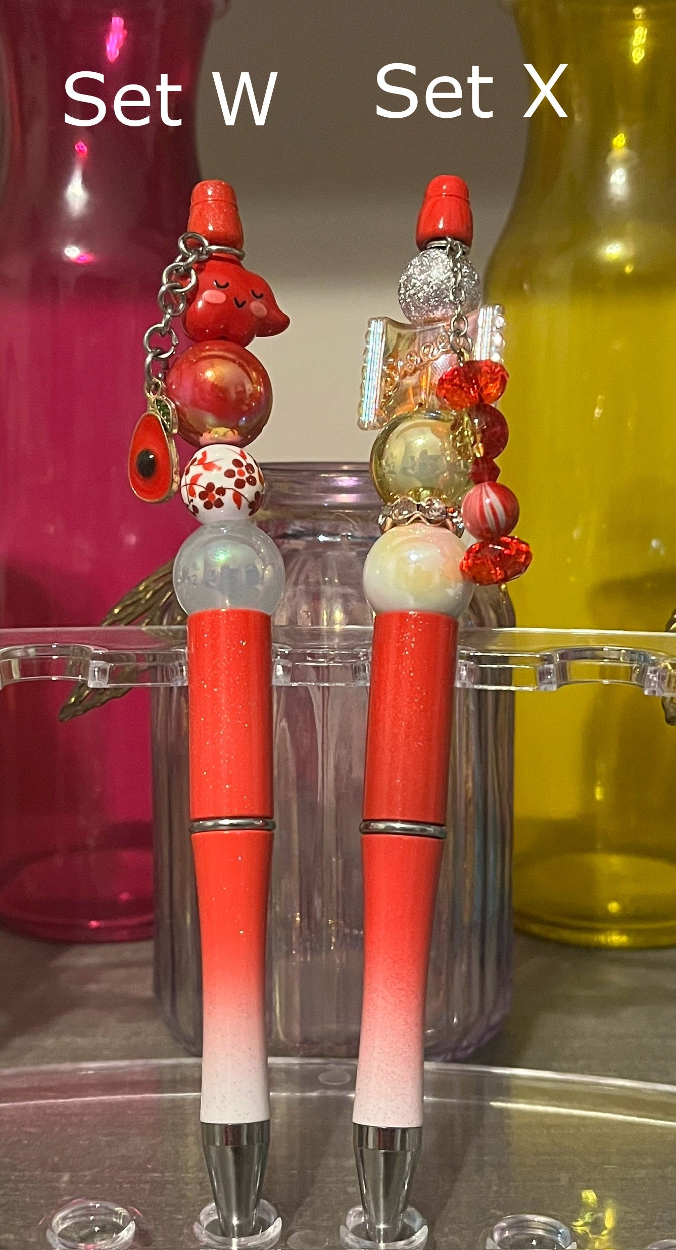 Glitter Red-White Ombré Beaded Pens