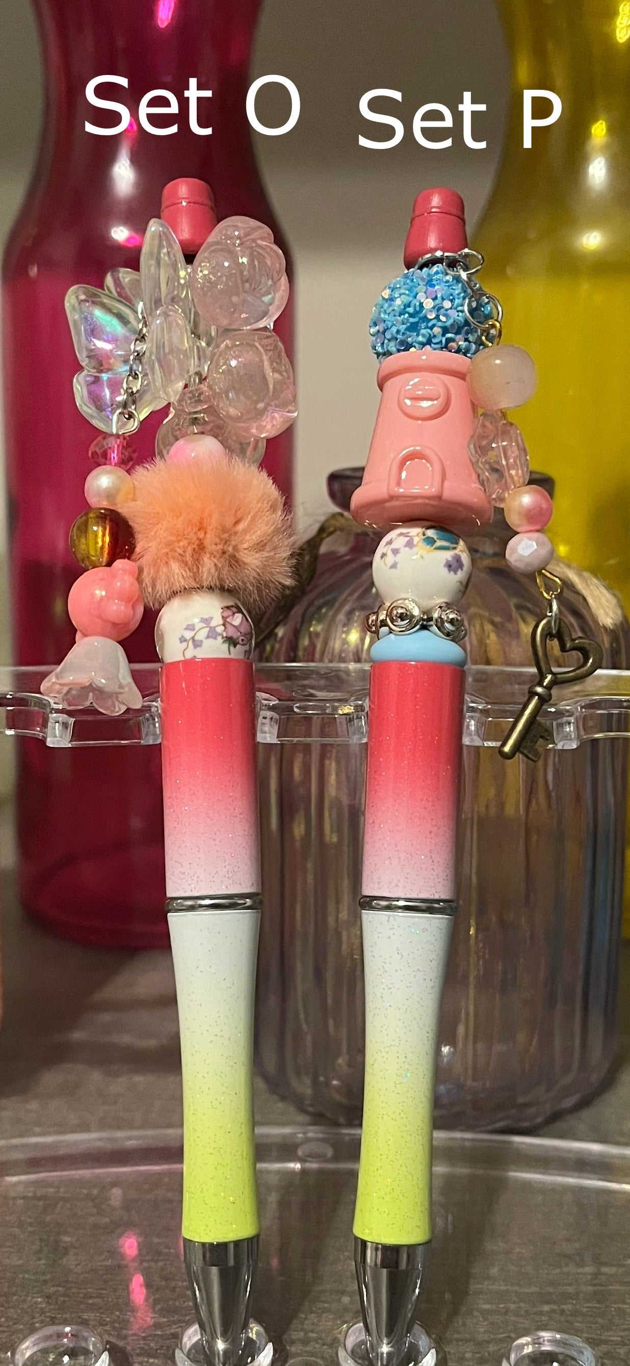 Glitter Pink-White-Lime Ombré Beaded Pens
