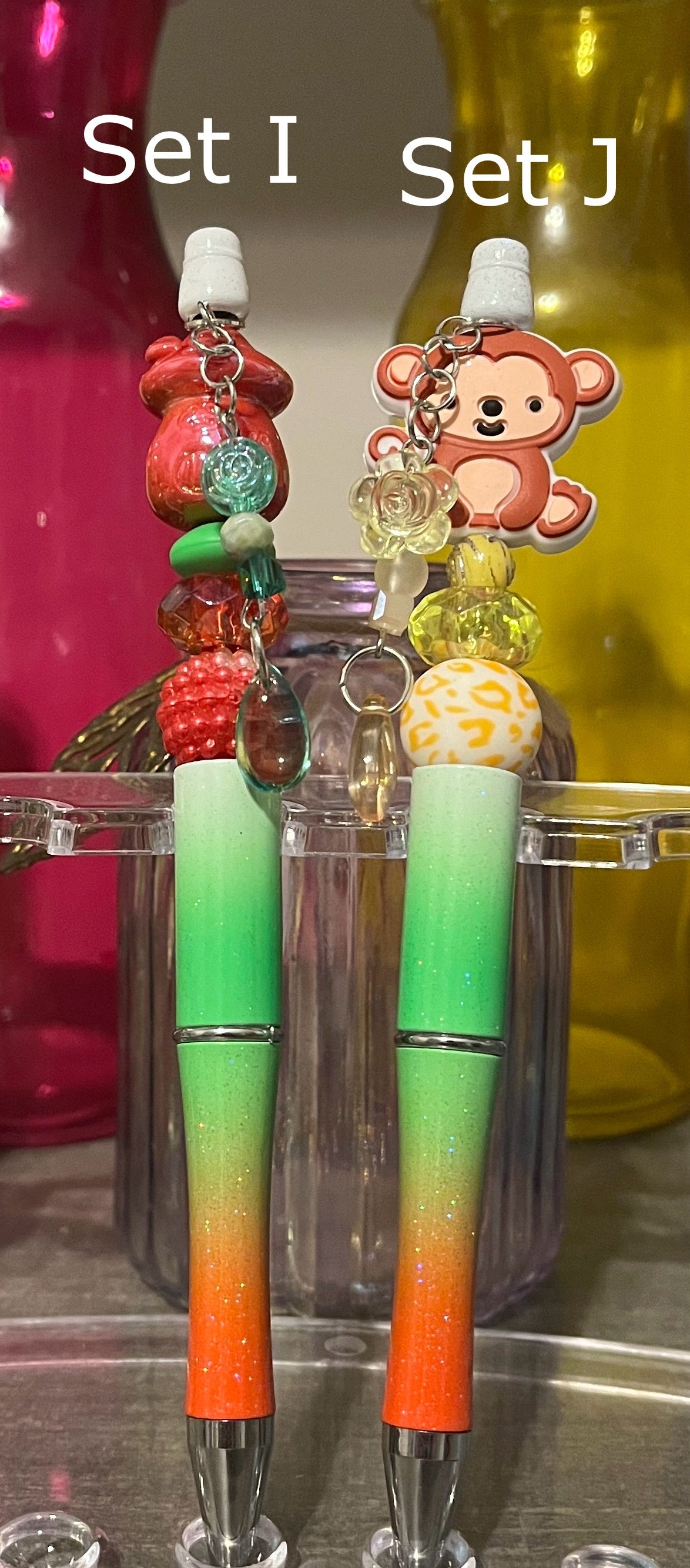 Glitter White-Green-Orange Ombré Beaded Pens