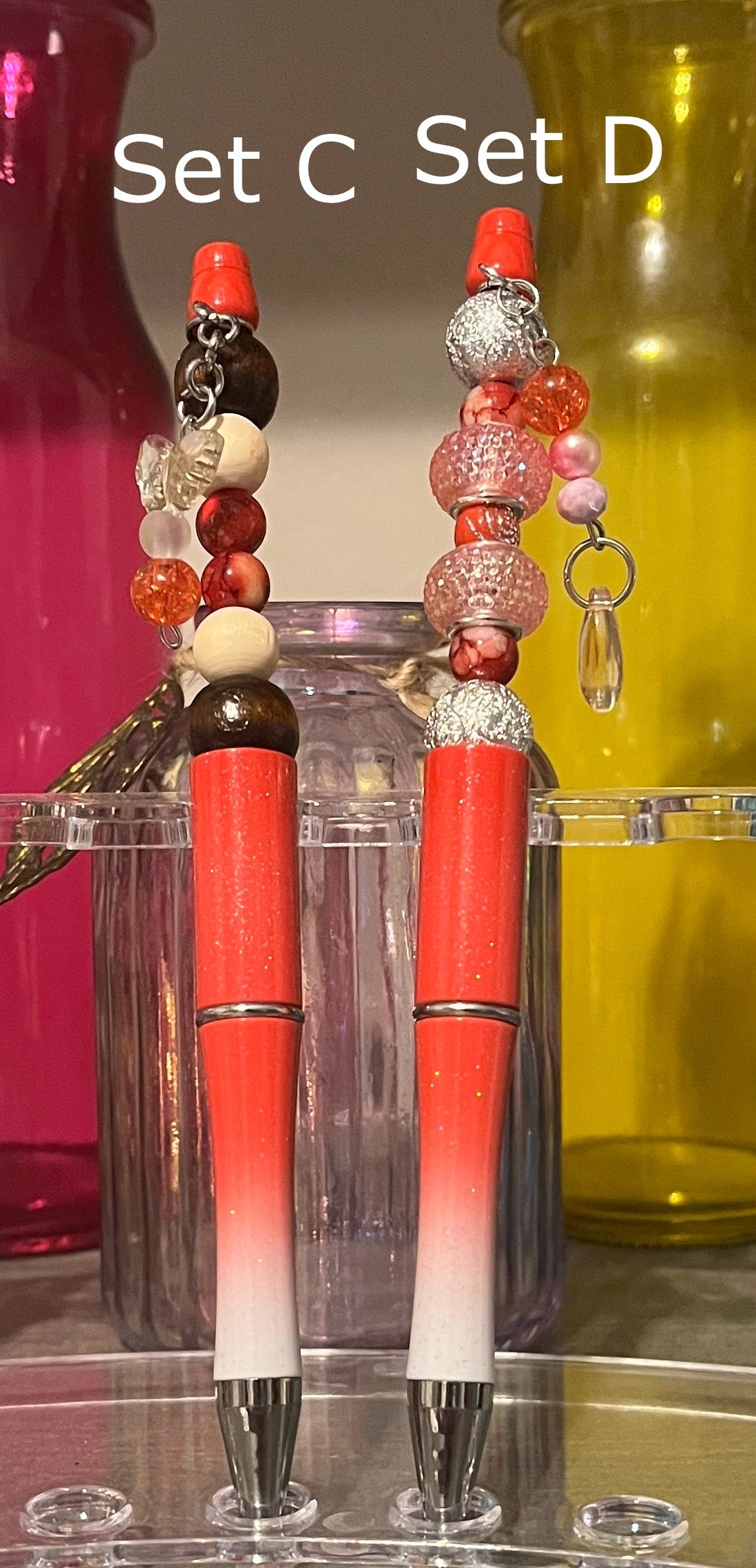 Glitter Red-White Ombré Beaded Pens