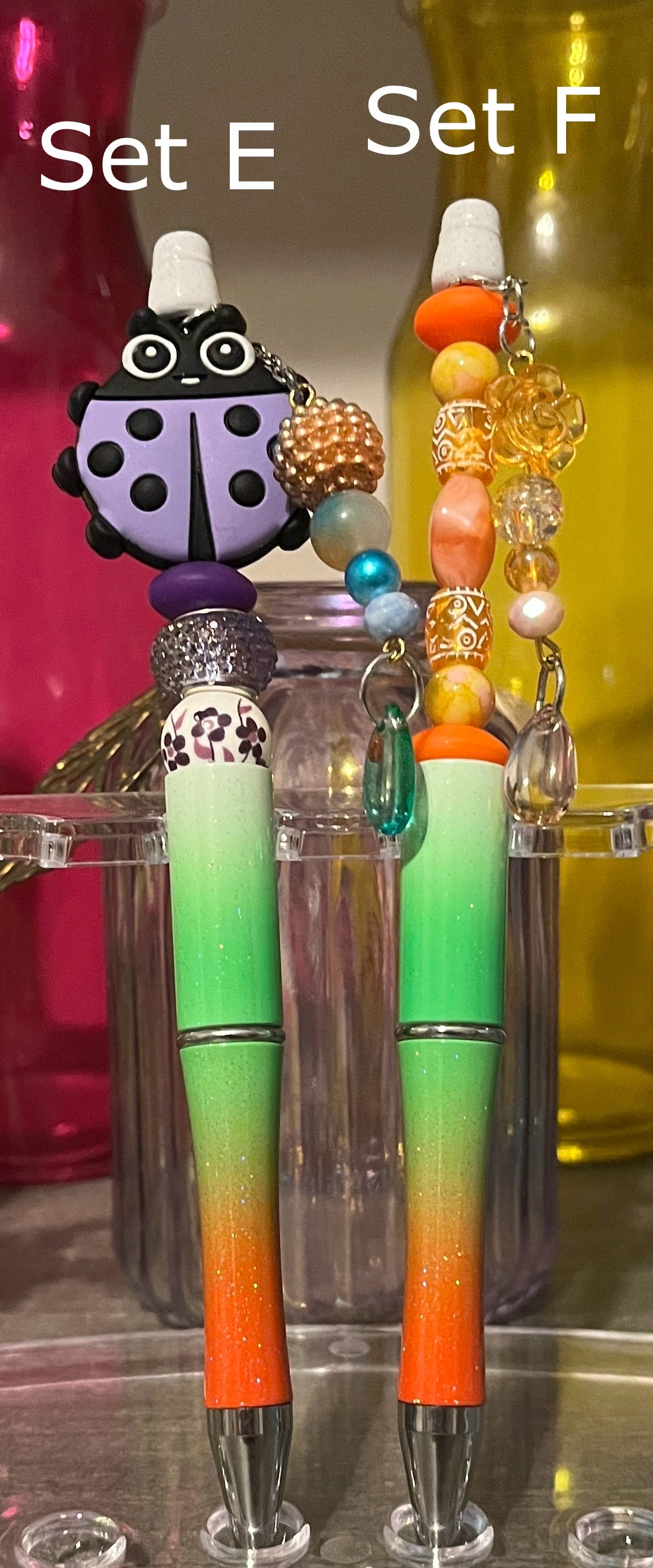 Glitter White-Green-Orange Ombré Beaded Pens