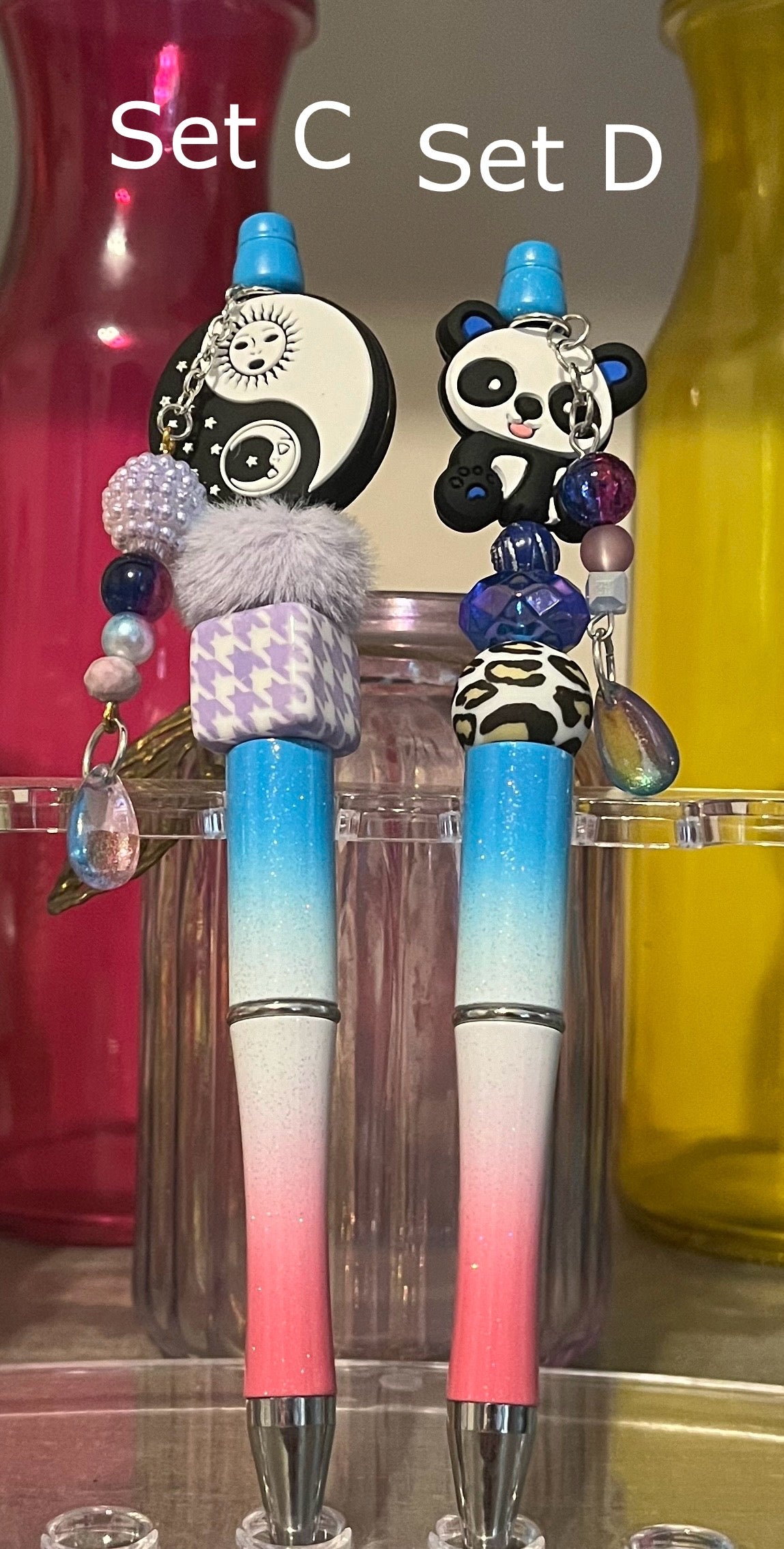 Glitter Blue-White-Pink Ombré Beaded Pens
