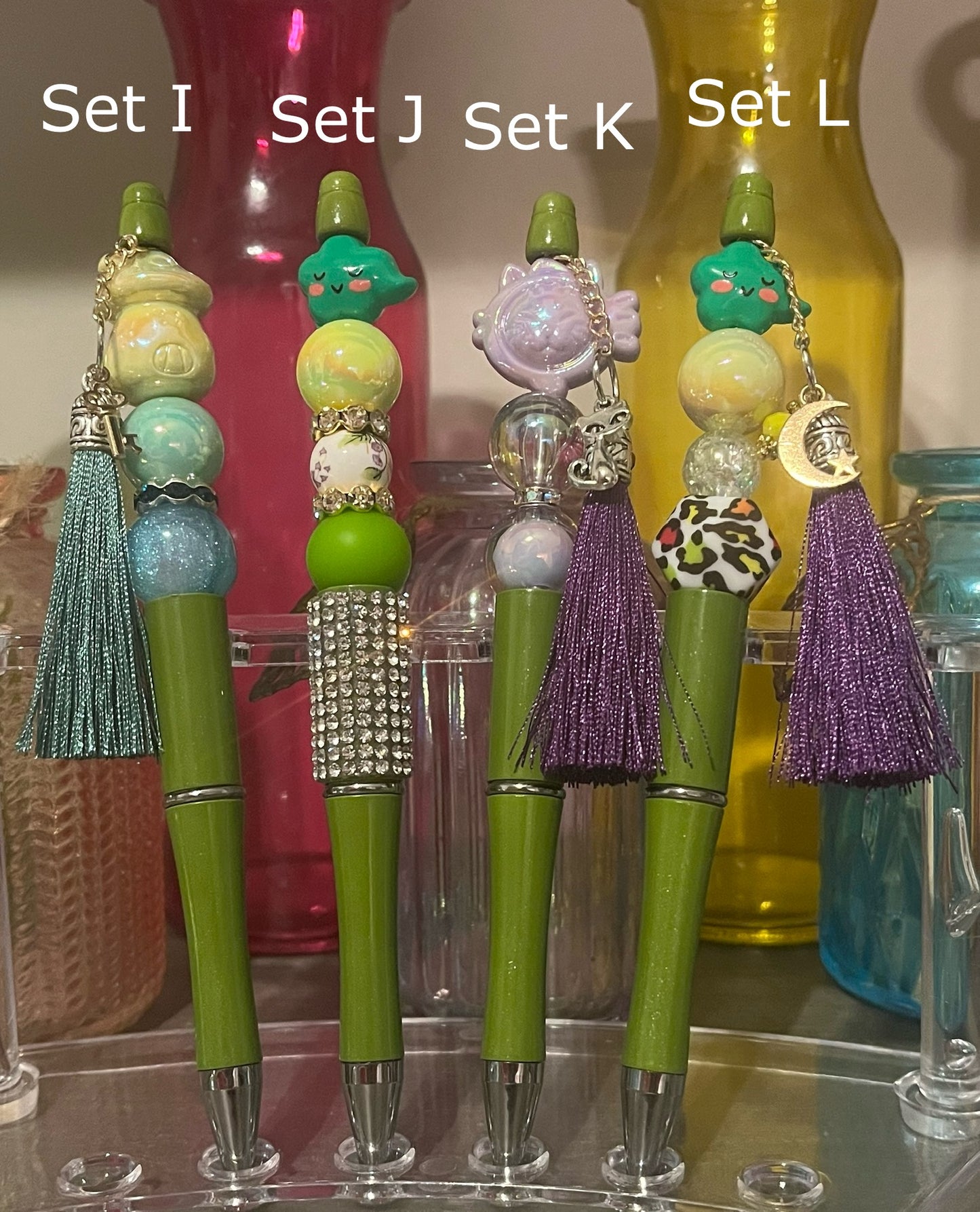 Glitter Olive Green Beaded Pens