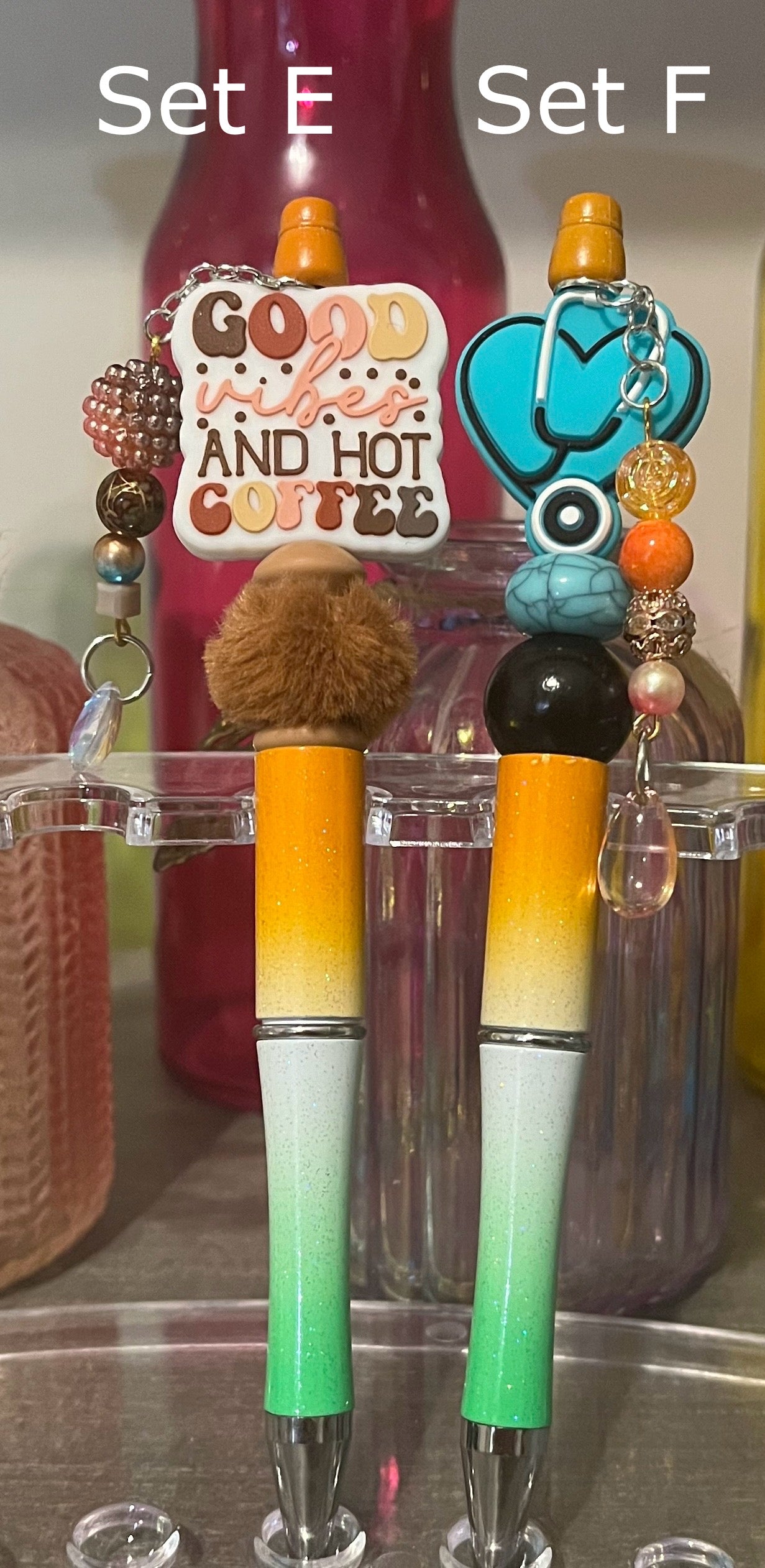 Glitter Orange-White-Green Ombré Beaded Pens