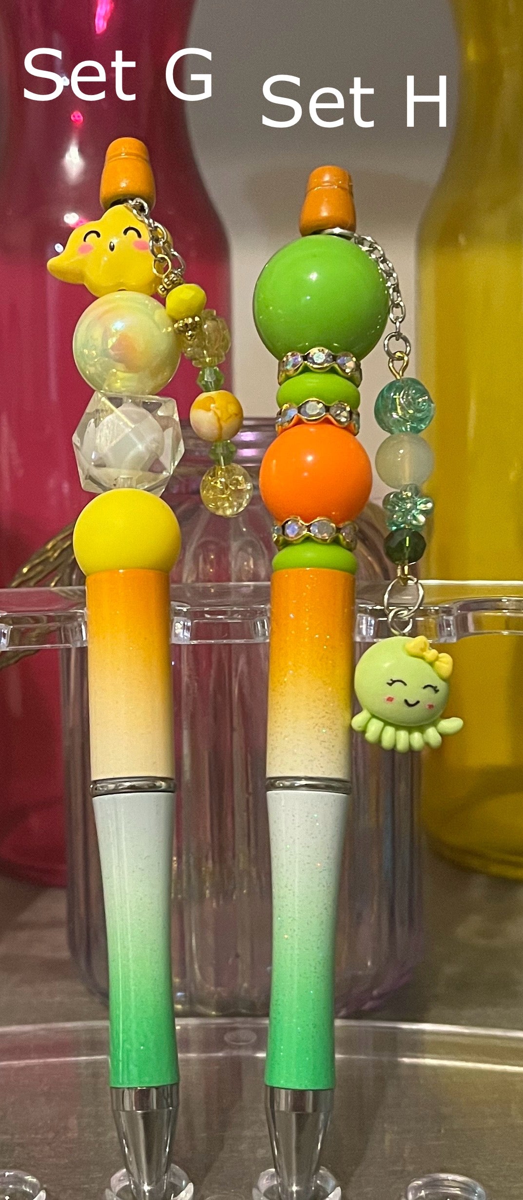 Glitter Orange-White-Green Ombré Beaded Pens