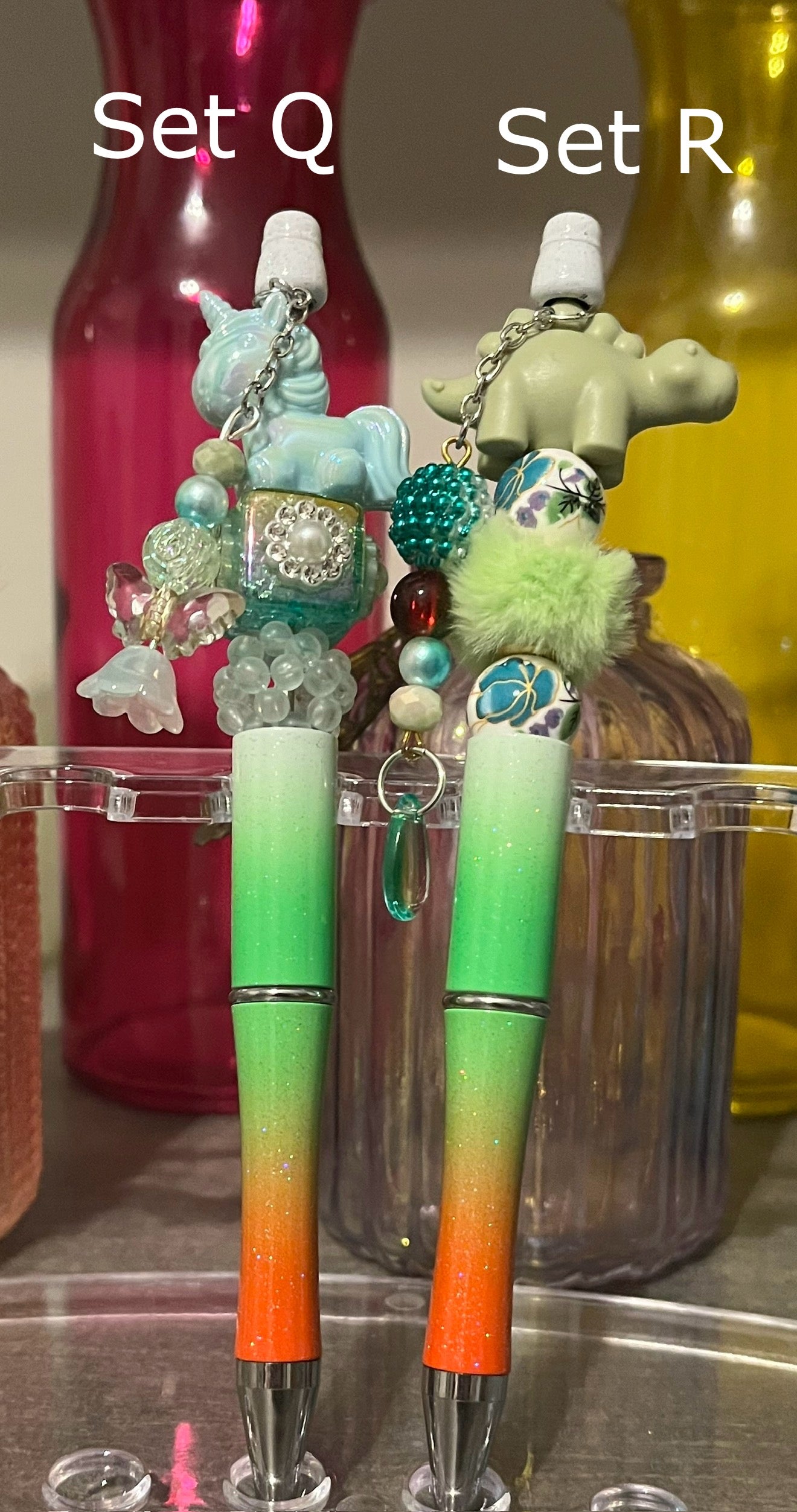 Glitter White-Green-Orange Ombré Beaded Pens