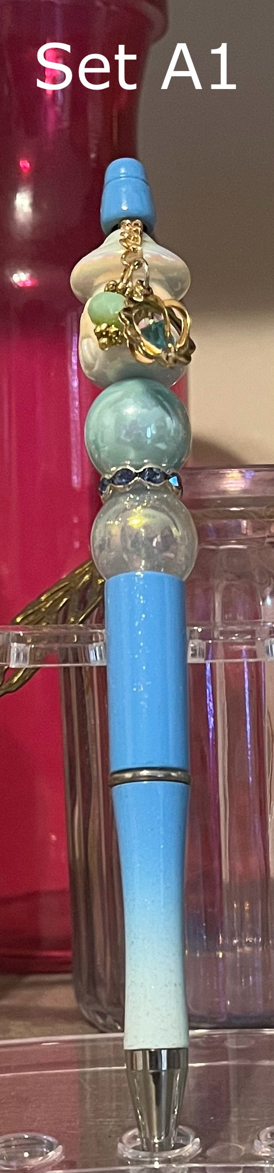 Glitter Blue-White Ombré Beaded Pens