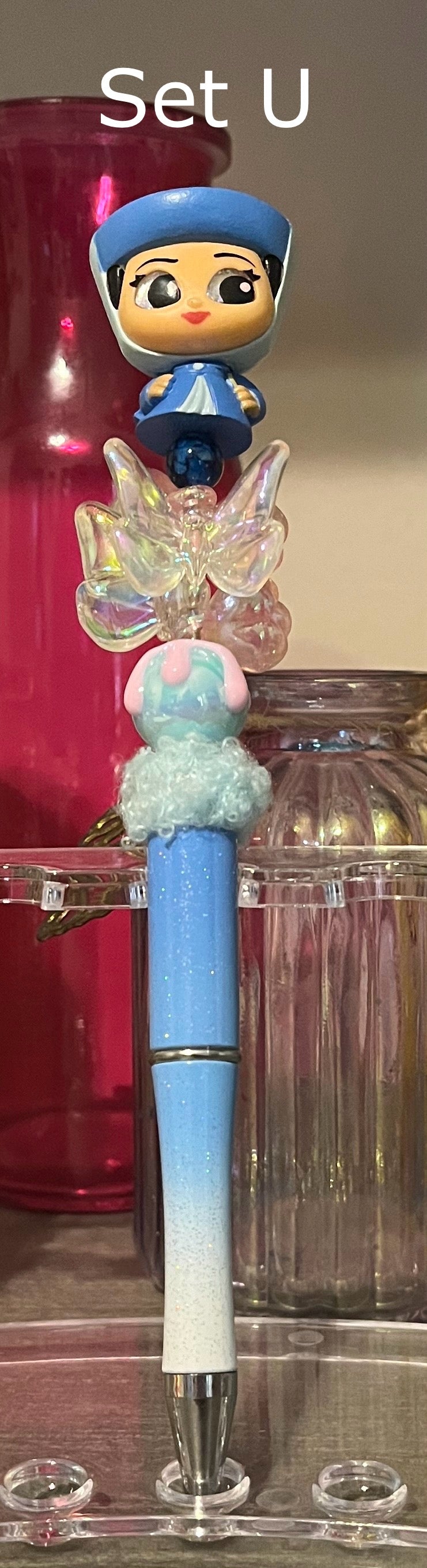 Glitter Blue-White Ombré Beaded Pens