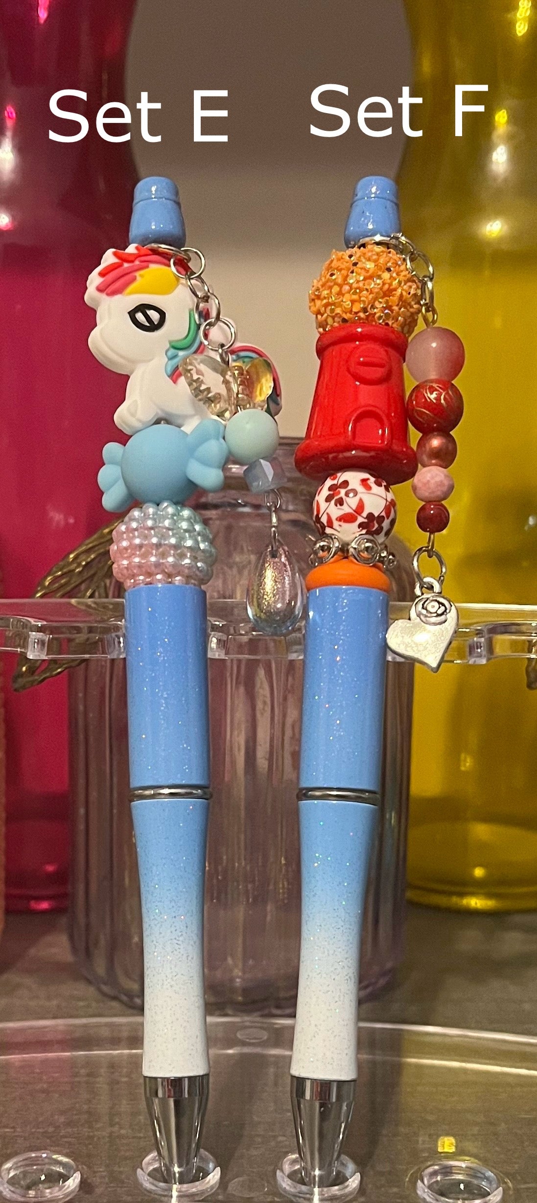 Glitter Blue-White Ombré Beaded Pens