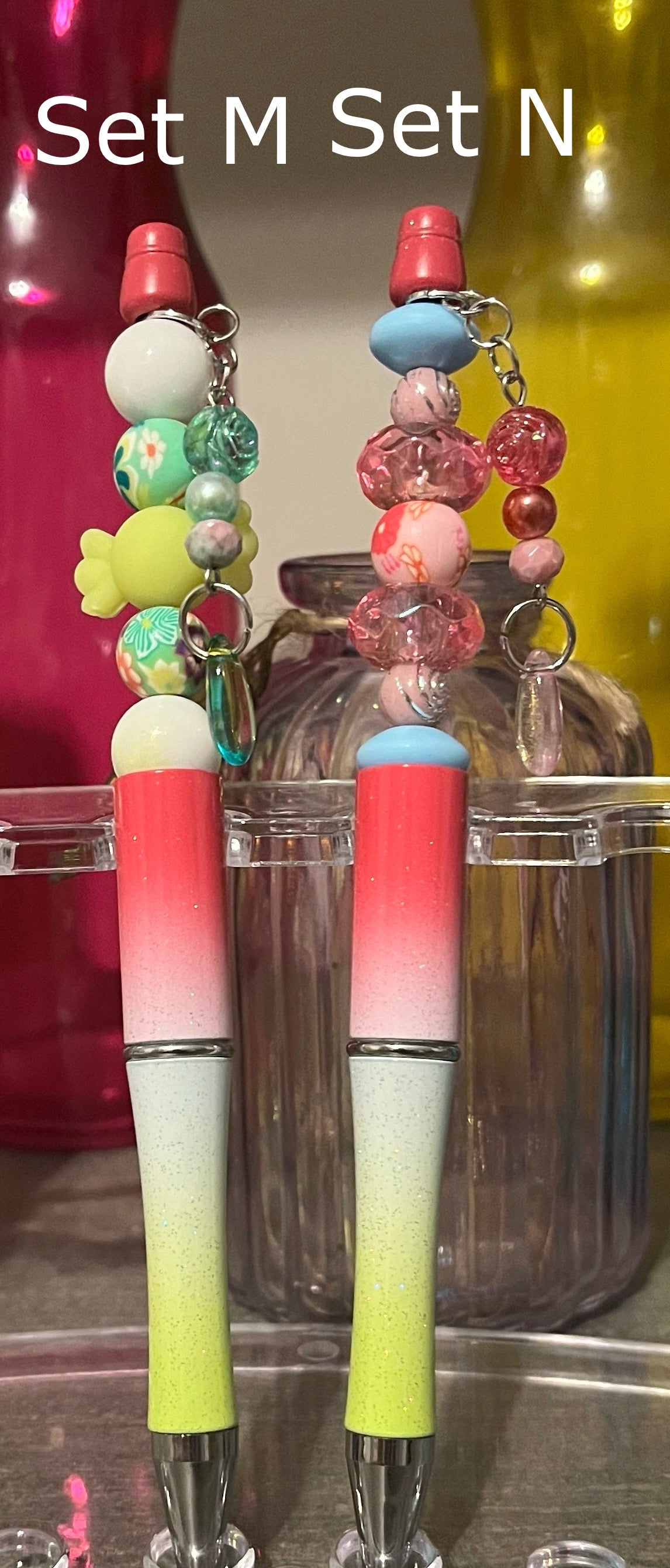 Glitter Pink-White-Lime Ombré Beaded Pens