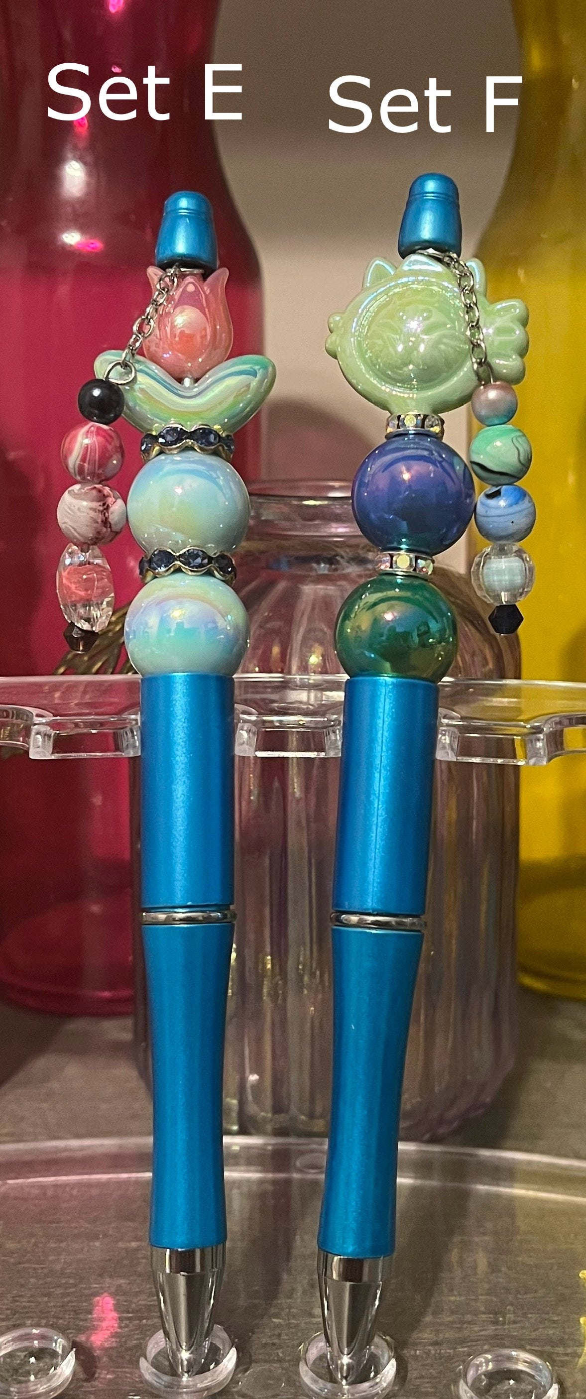 Metallic Light Blue Beaded Pens