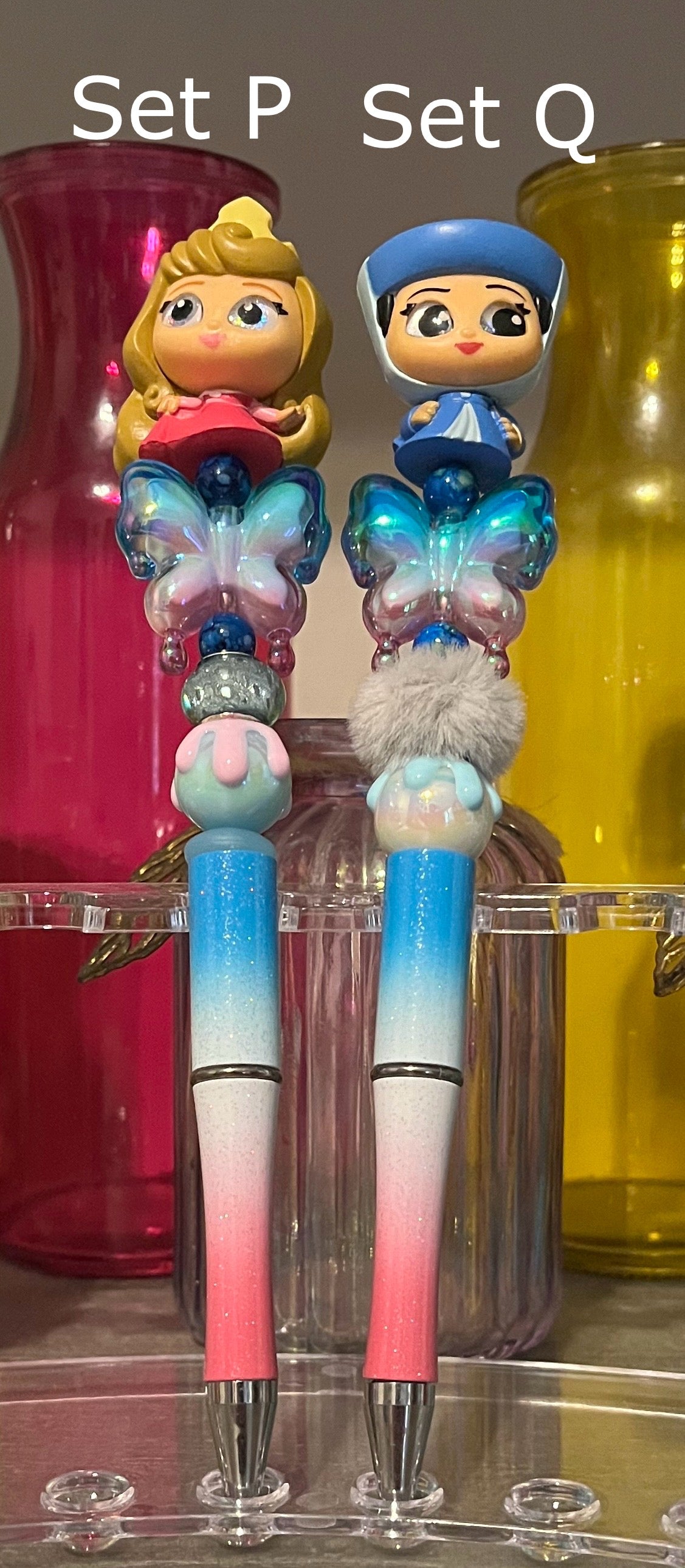 Glitter Blue-White-Pink Ombré Beaded Pens