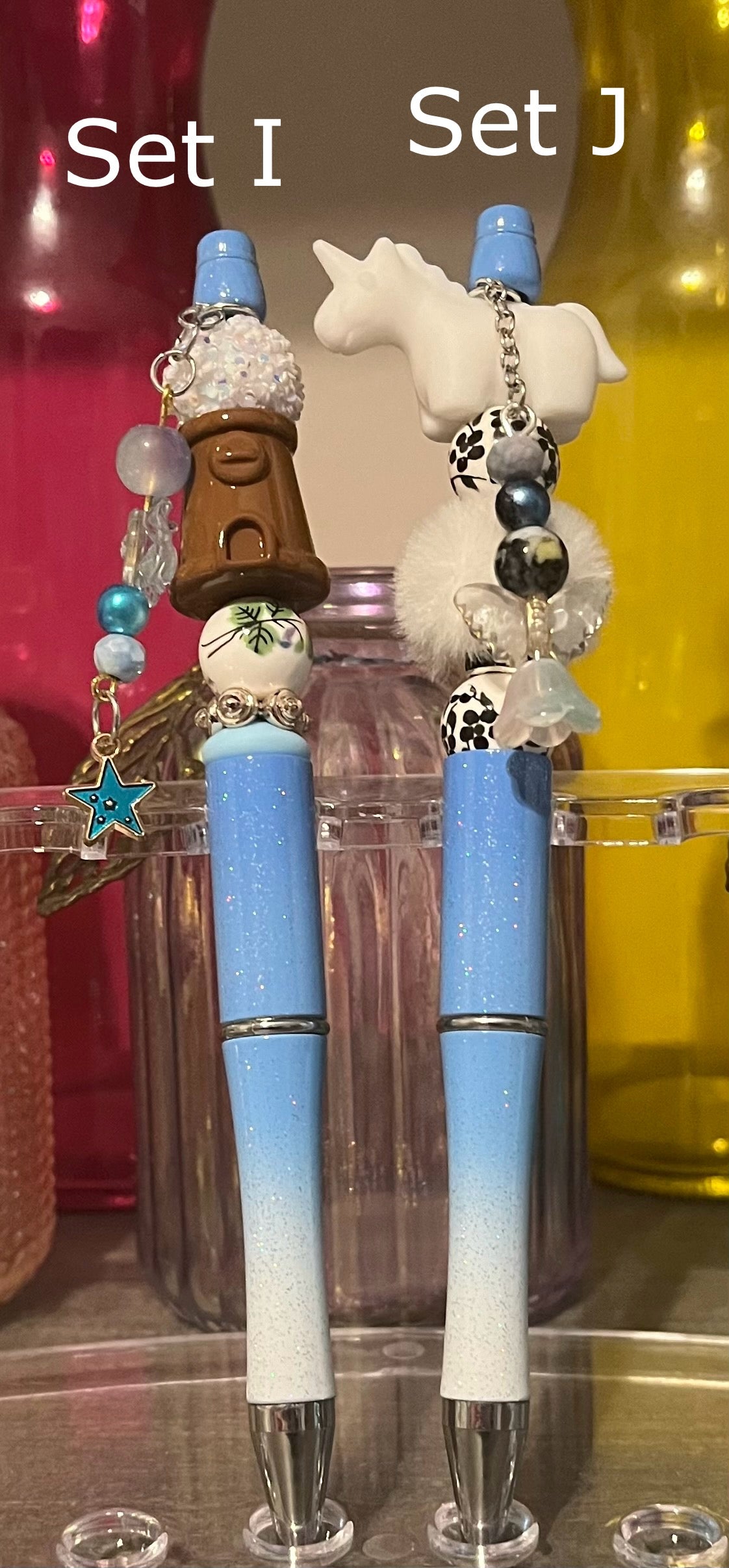 Glitter Blue-White Ombré Beaded Pens