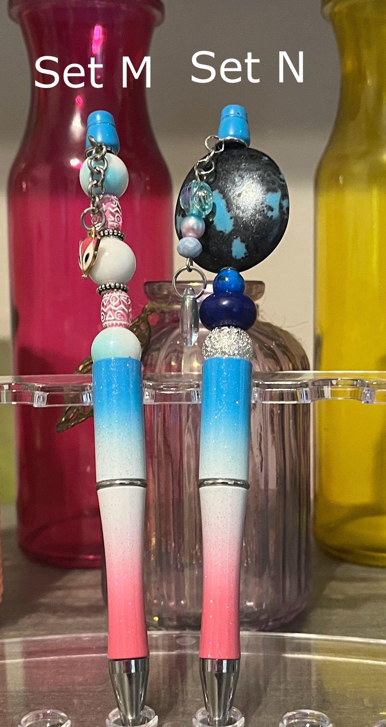 Glitter Blue-White-Pink Ombré Beaded Pens