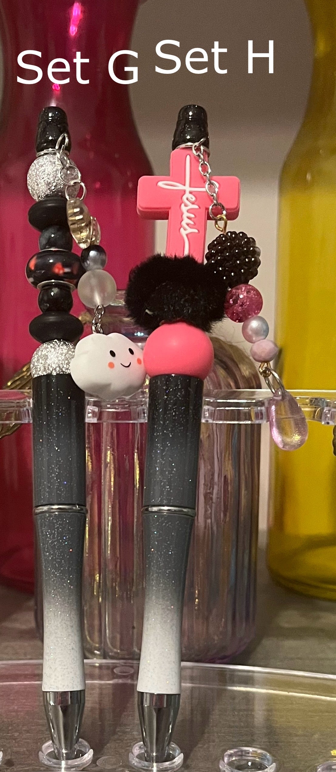 Glitter Black-White Ombré Beaded Pens