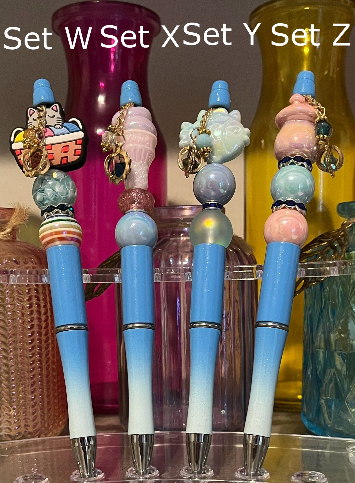 Glitter Blue-White Ombré Beaded Pens