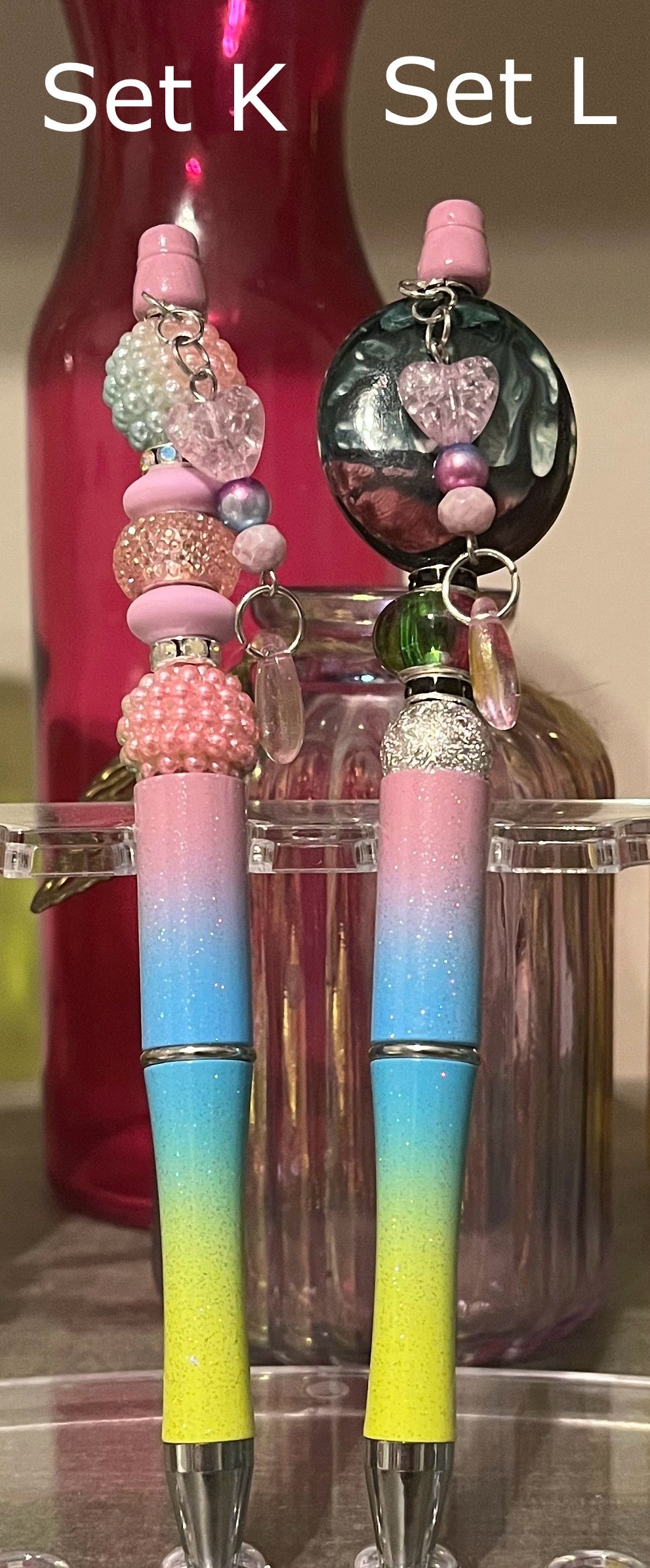 Glitter Lavender-Blue-Lime Ombré Beaded Pens
