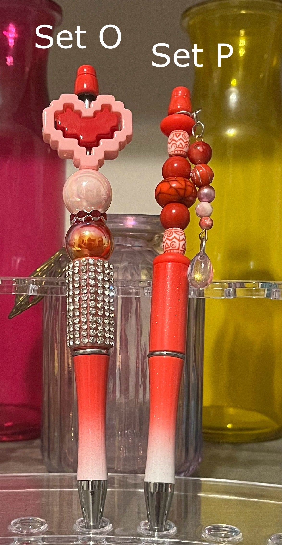 Glitter Red-White Ombré Beaded Pens