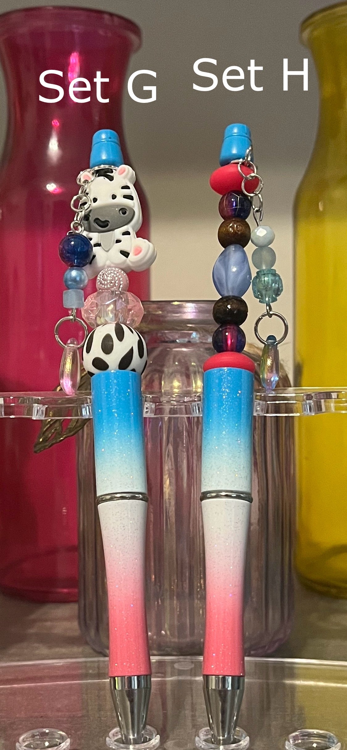 Glitter Blue-White-Pink Ombré Beaded Pens
