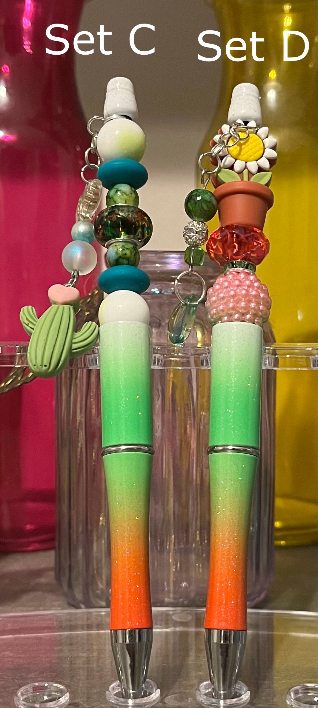 Glitter White-Green-Orange Ombré Beaded Pens