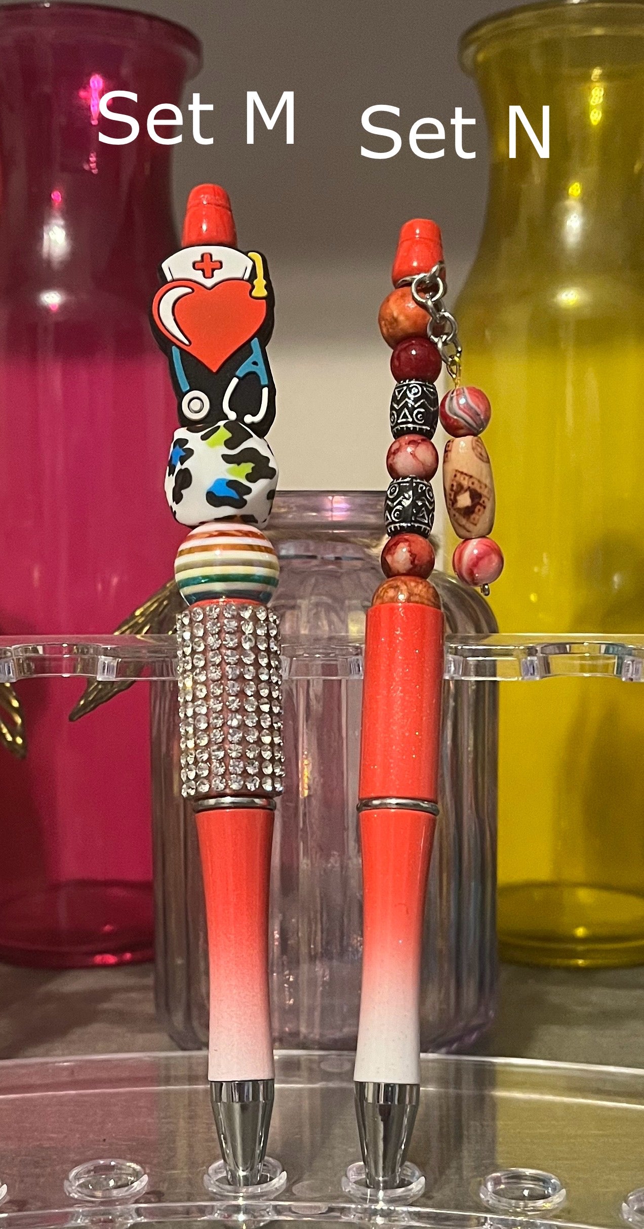 Glitter Red-White Ombré Beaded Pens