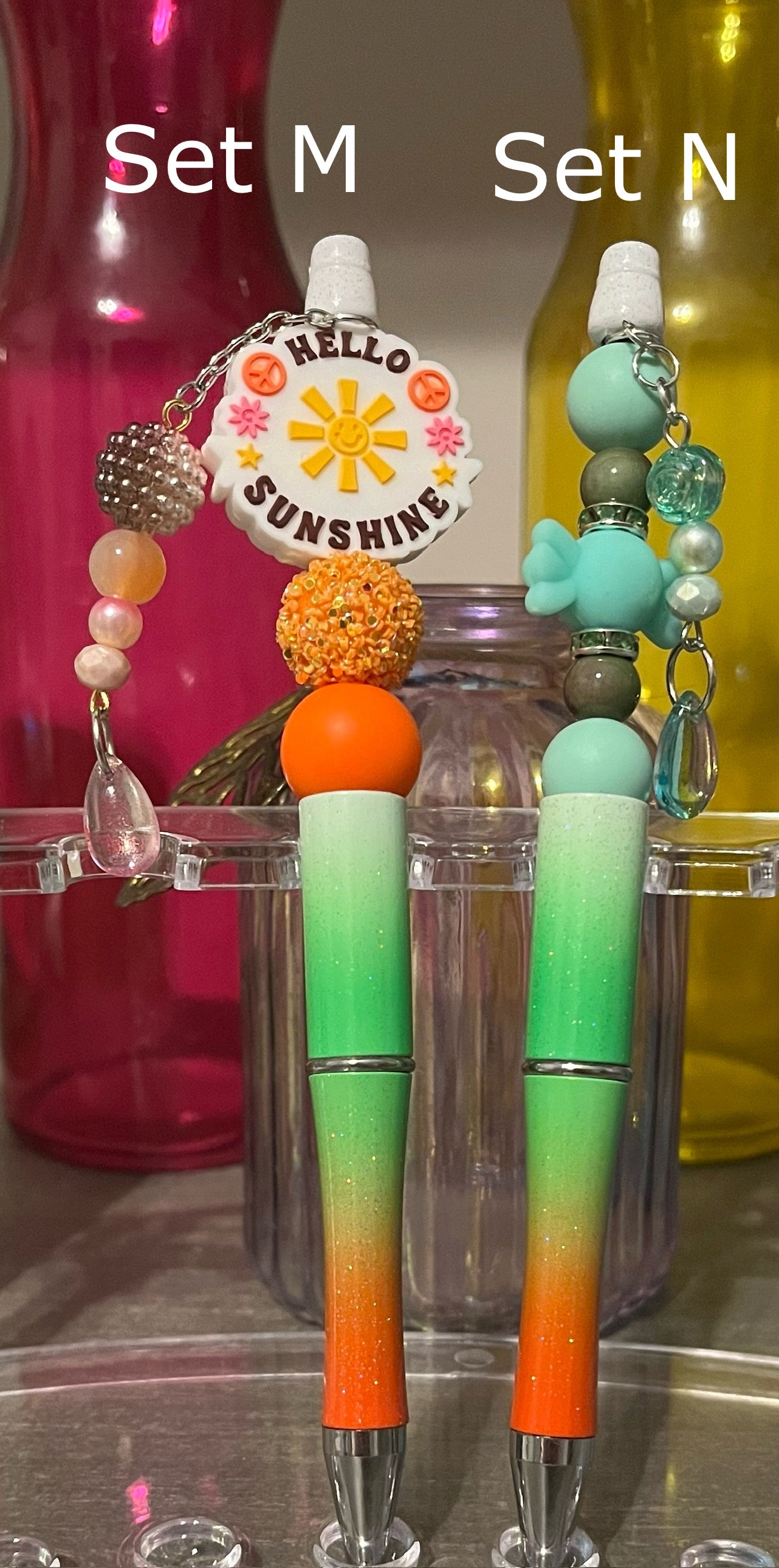 Glitter White-Green-Orange Ombré Beaded Pens