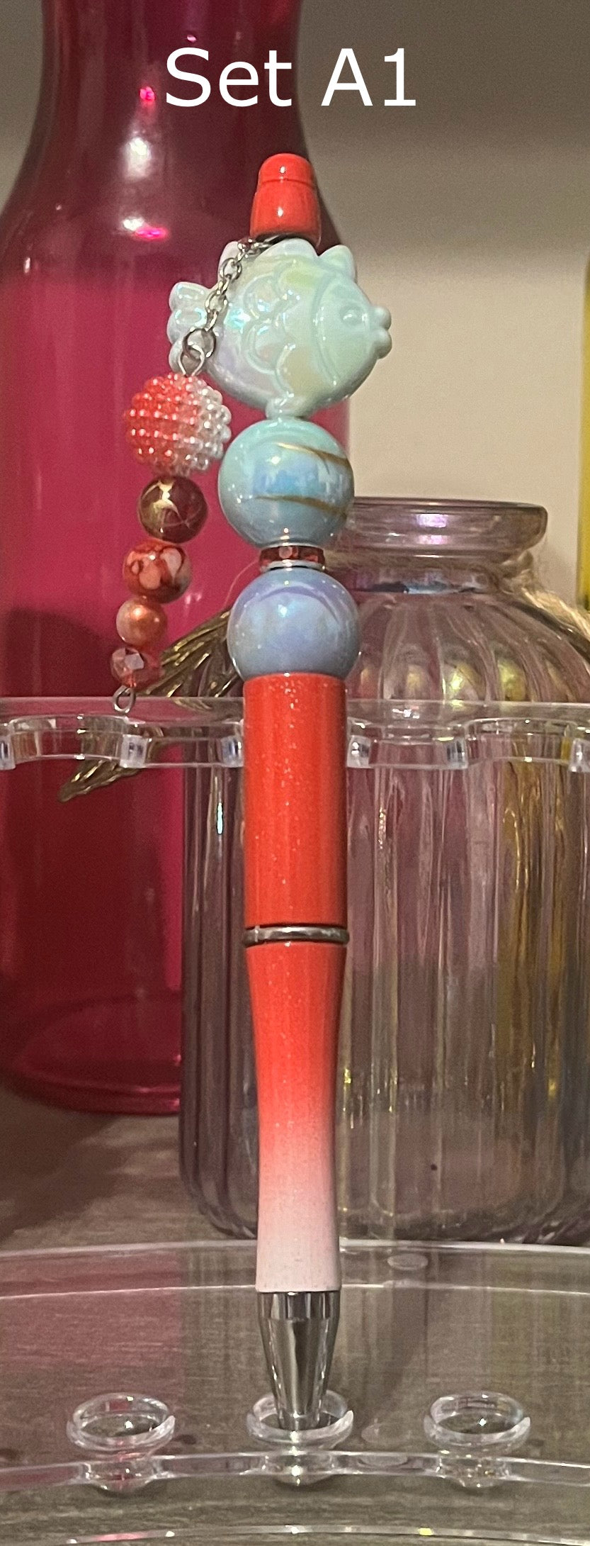 Glitter Red-White Ombré Beaded Pens