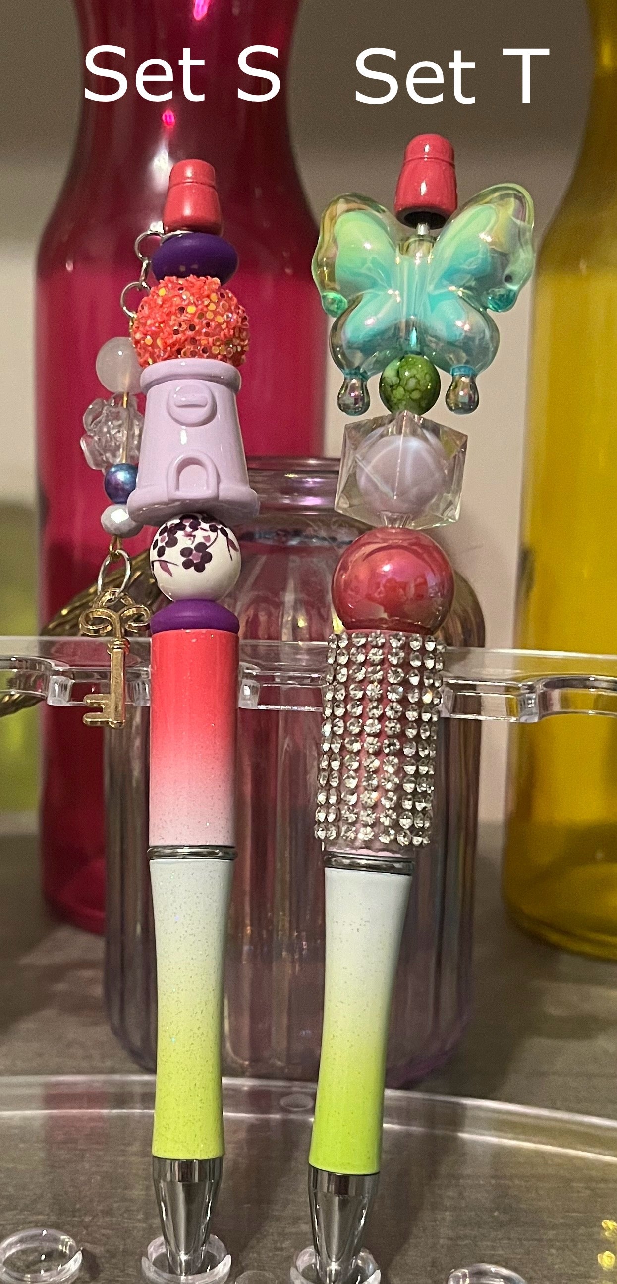 Glitter Pink-White-Lime Ombré Beaded Pens