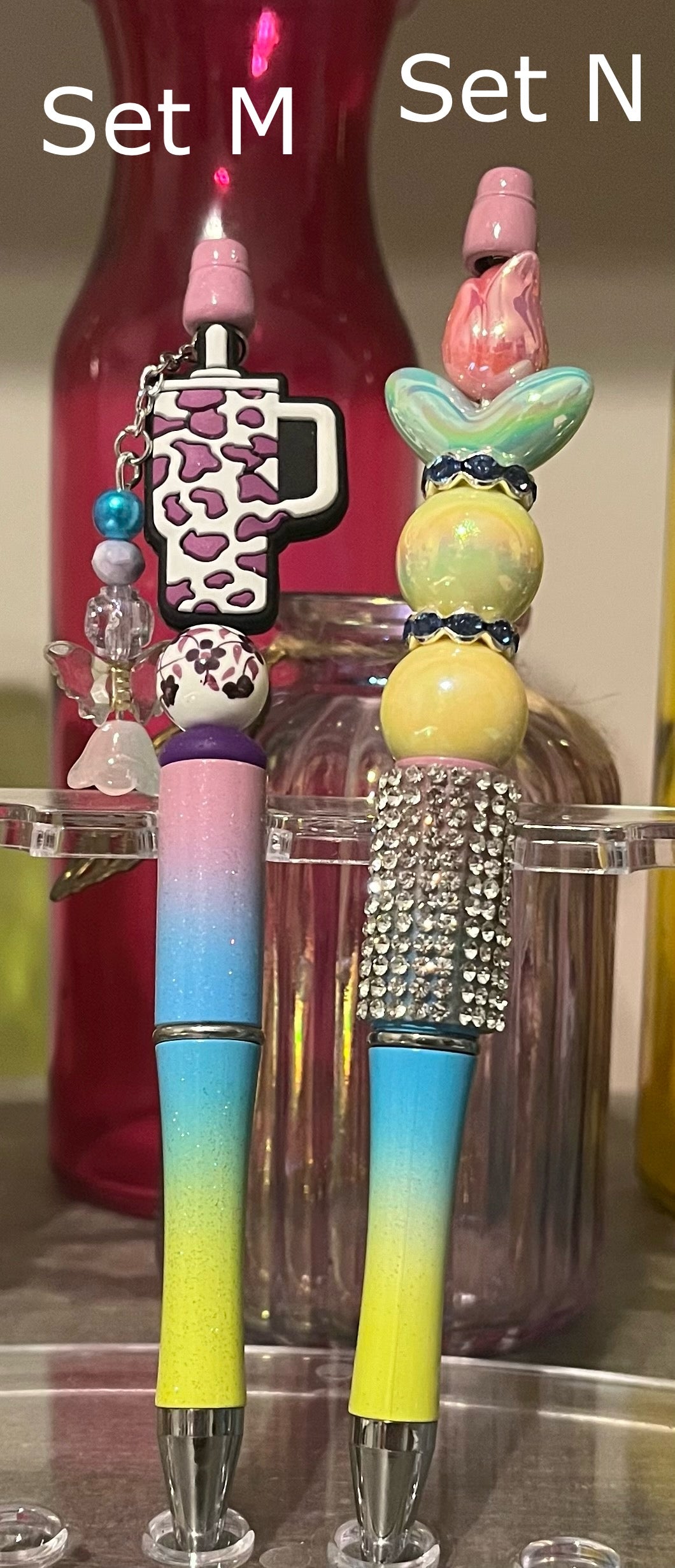 Glitter Lavender-Blue-Lime Ombré Beaded Pens