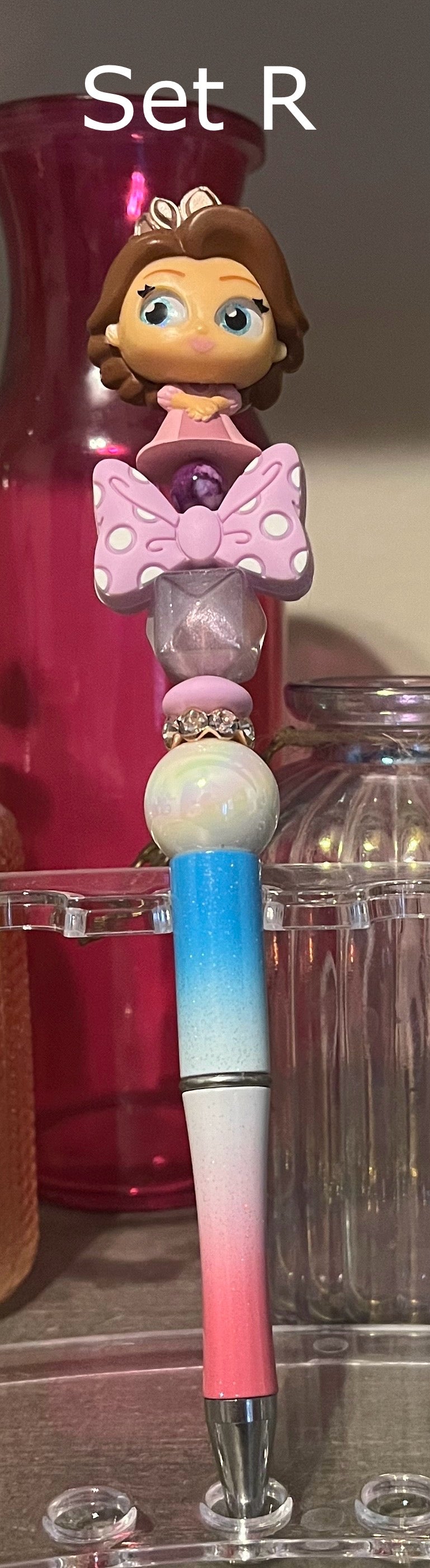 Glitter Blue-White-Pink Ombré Beaded Pens