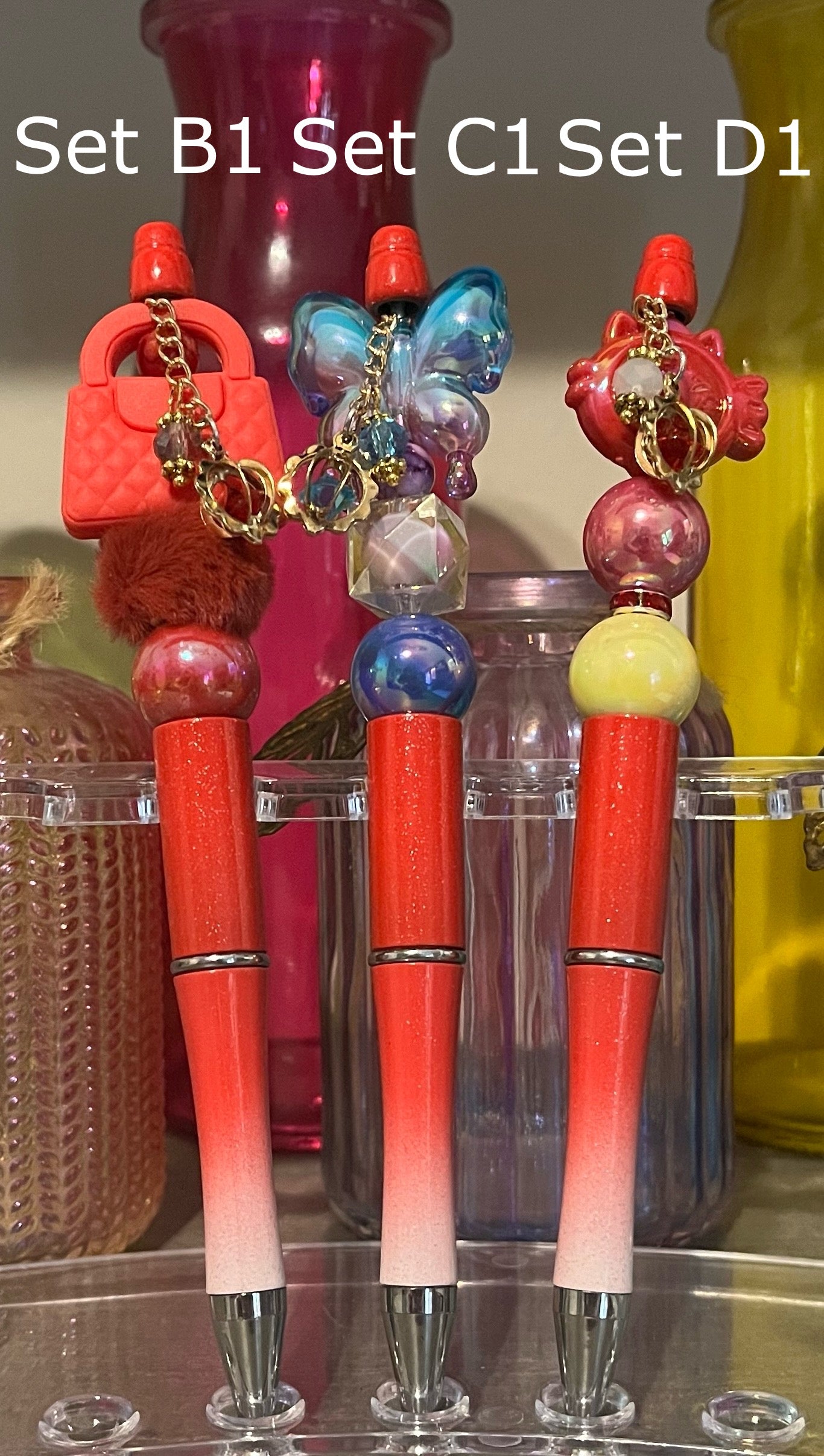 Glitter Red-White Ombré Beaded Pens