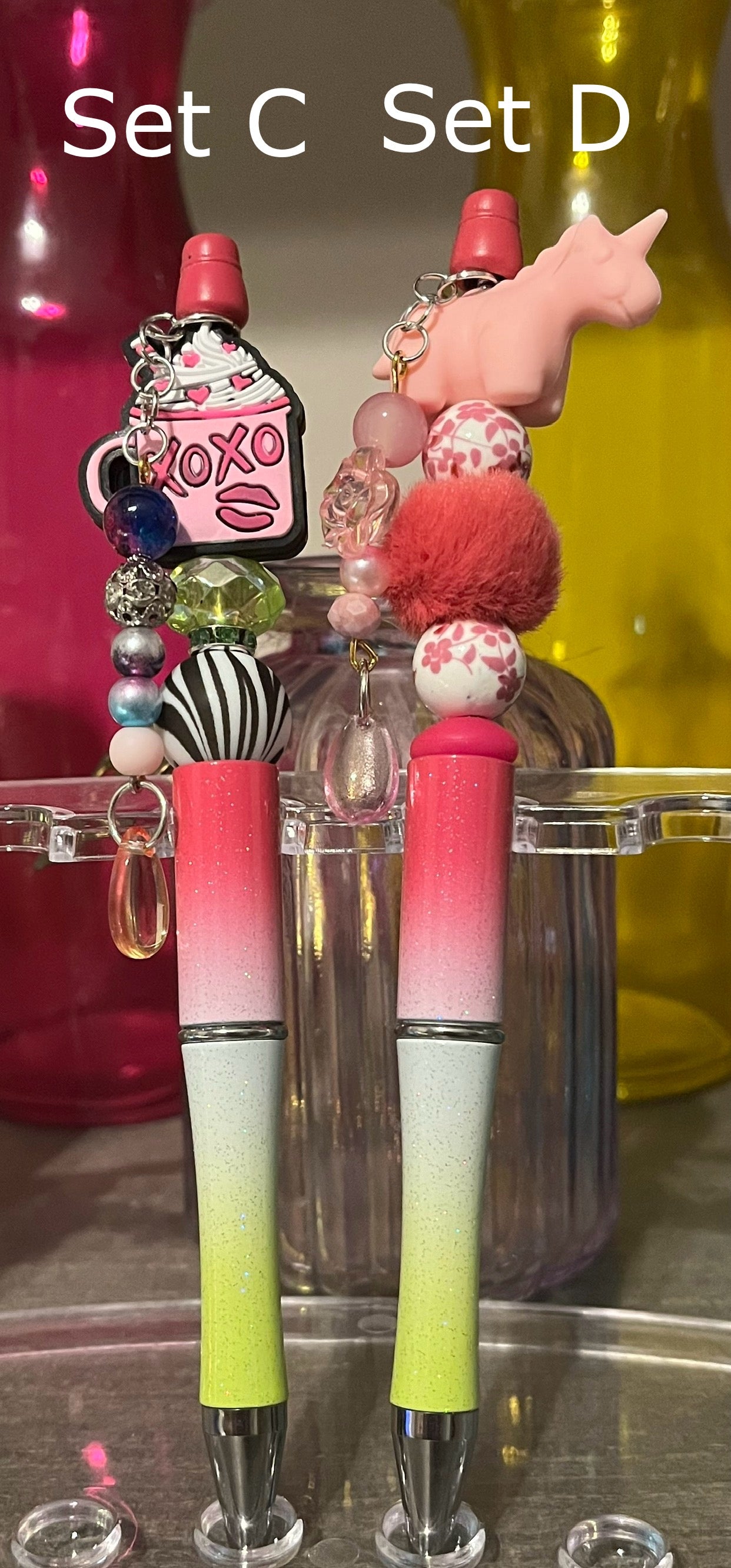 Glitter Pink-White-Lime Ombré Beaded Pens