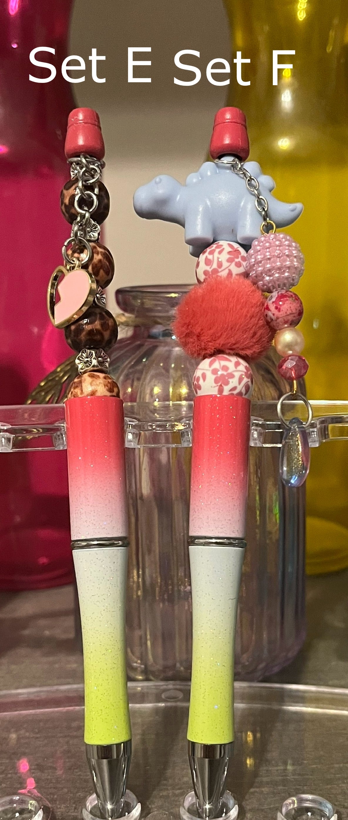 Glitter Pink-White-Lime Ombré Beaded Pens
