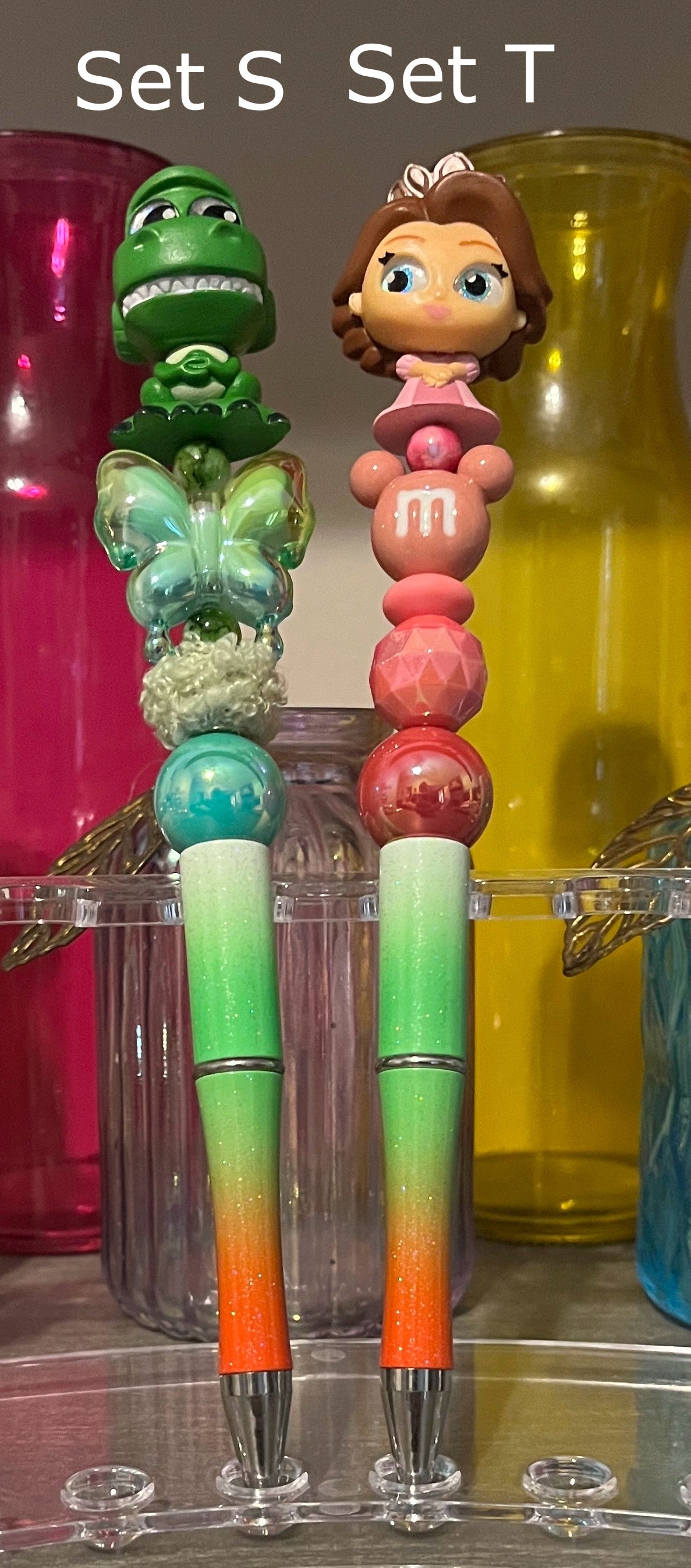 Glitter White-Green-Orange Ombré Beaded Pens