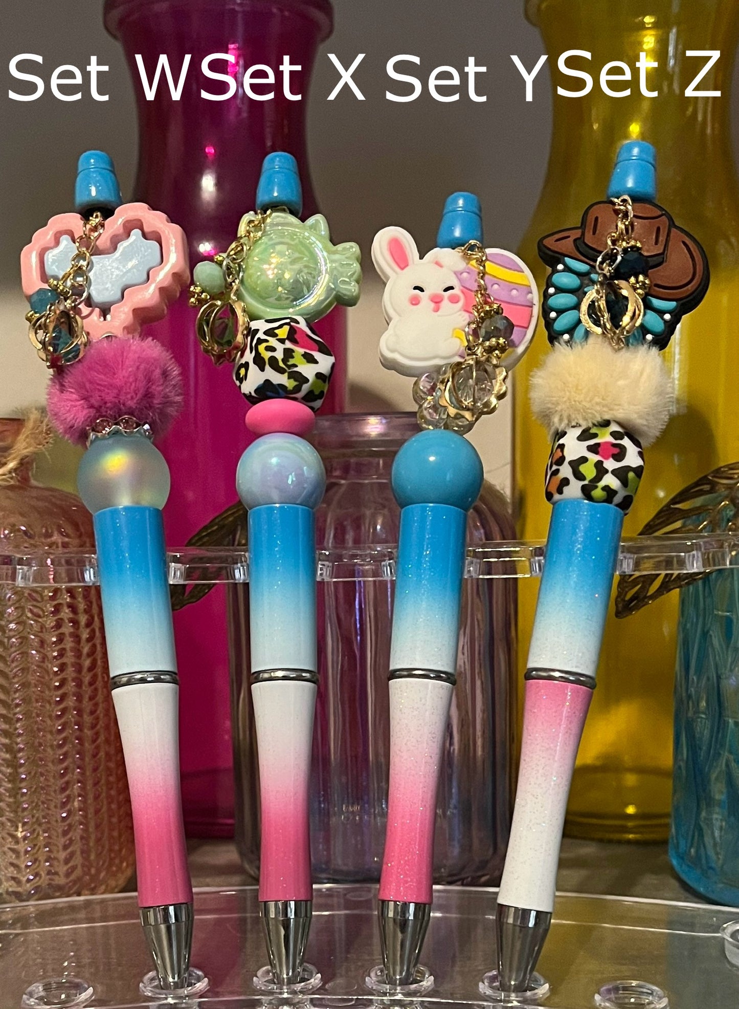 Glitter Blue-White-Pink Ombré Beaded Pens