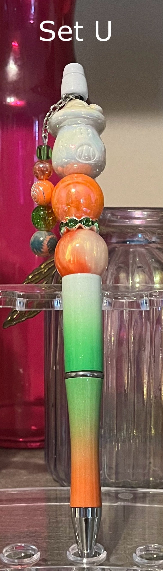 Glitter White-Green-Orange Ombré Beaded Pens