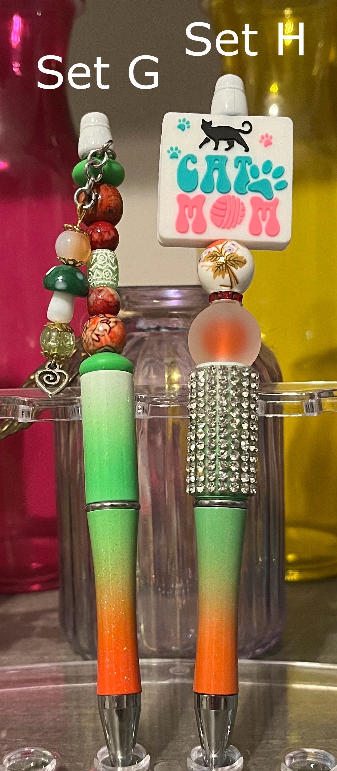 Glitter White-Green-Orange Ombré Beaded Pens