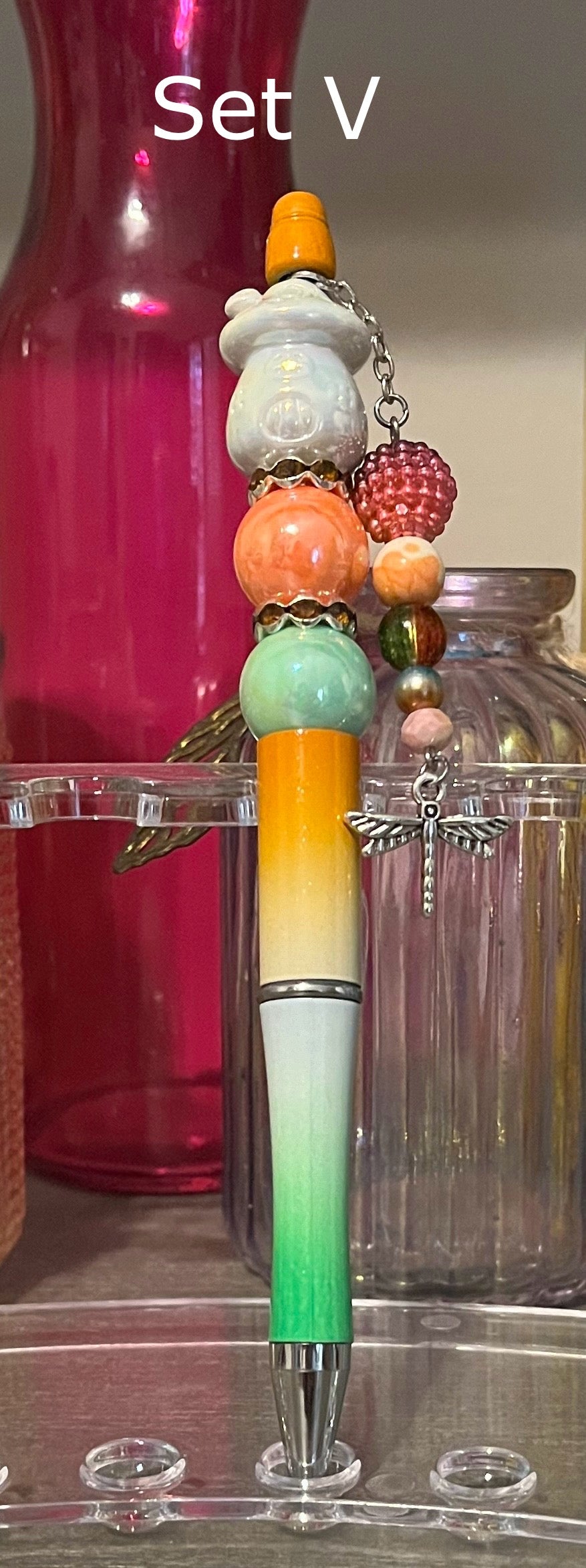 Glitter Orange-White-Green Ombré Beaded Pens