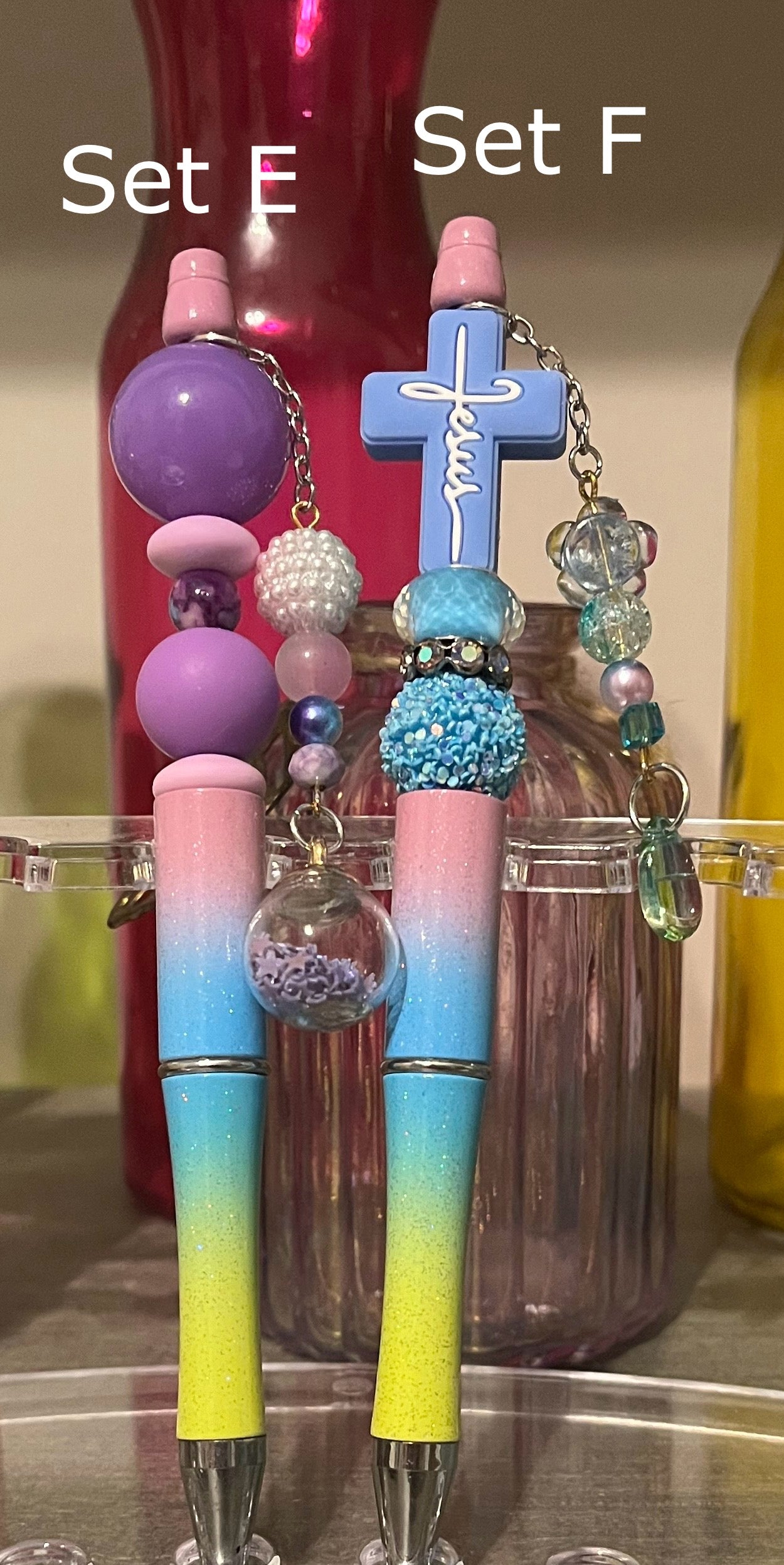 Glitter Lavender-Blue-Lime Ombré Beaded Pens