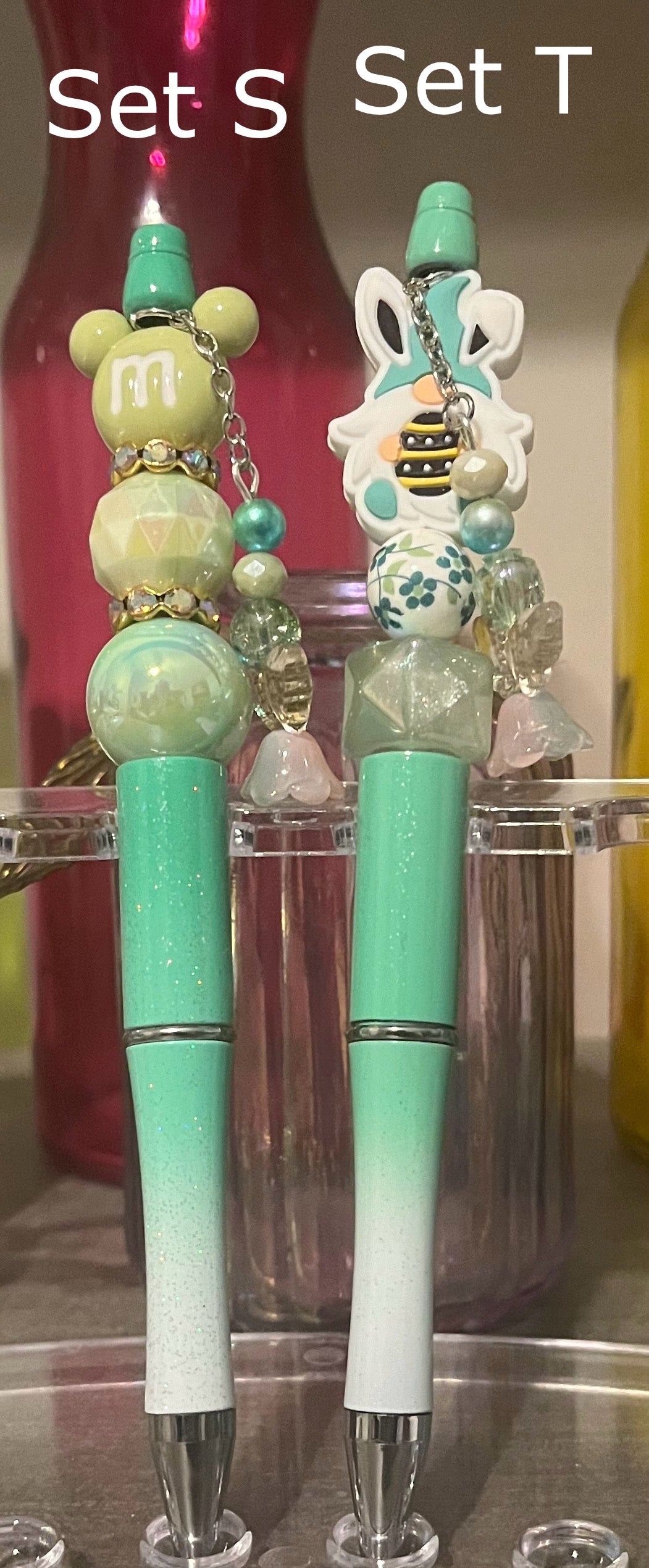 Glitter Mint Green-White Ombré Beaded Pens