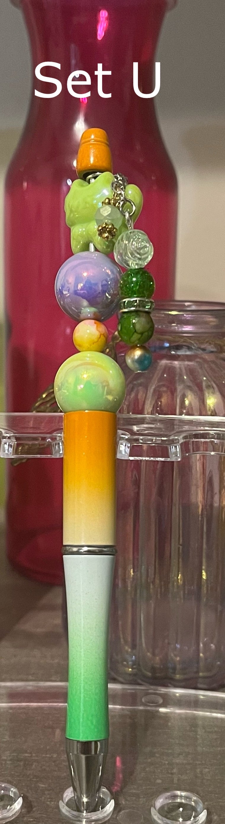 Glitter Orange-White-Green Ombré Beaded Pens
