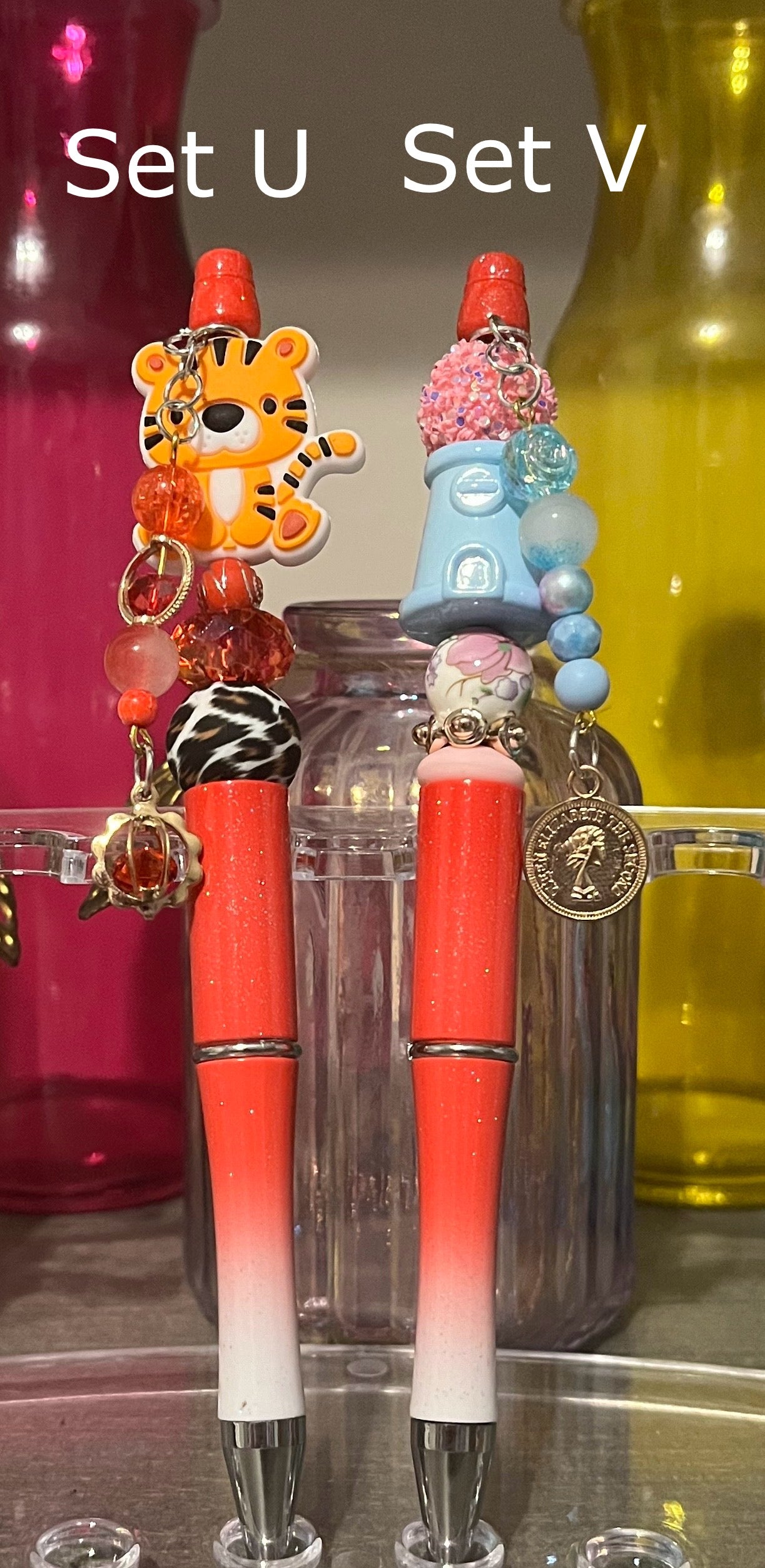 Glitter Red-White Ombré Beaded Pens