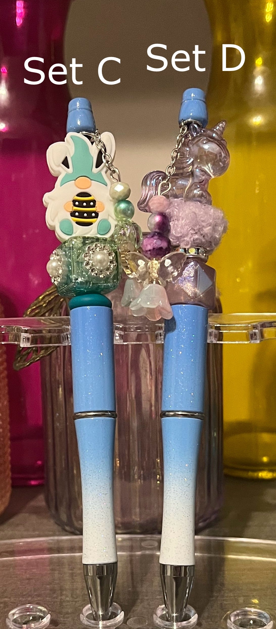 Glitter Blue-White Ombré Beaded Pens