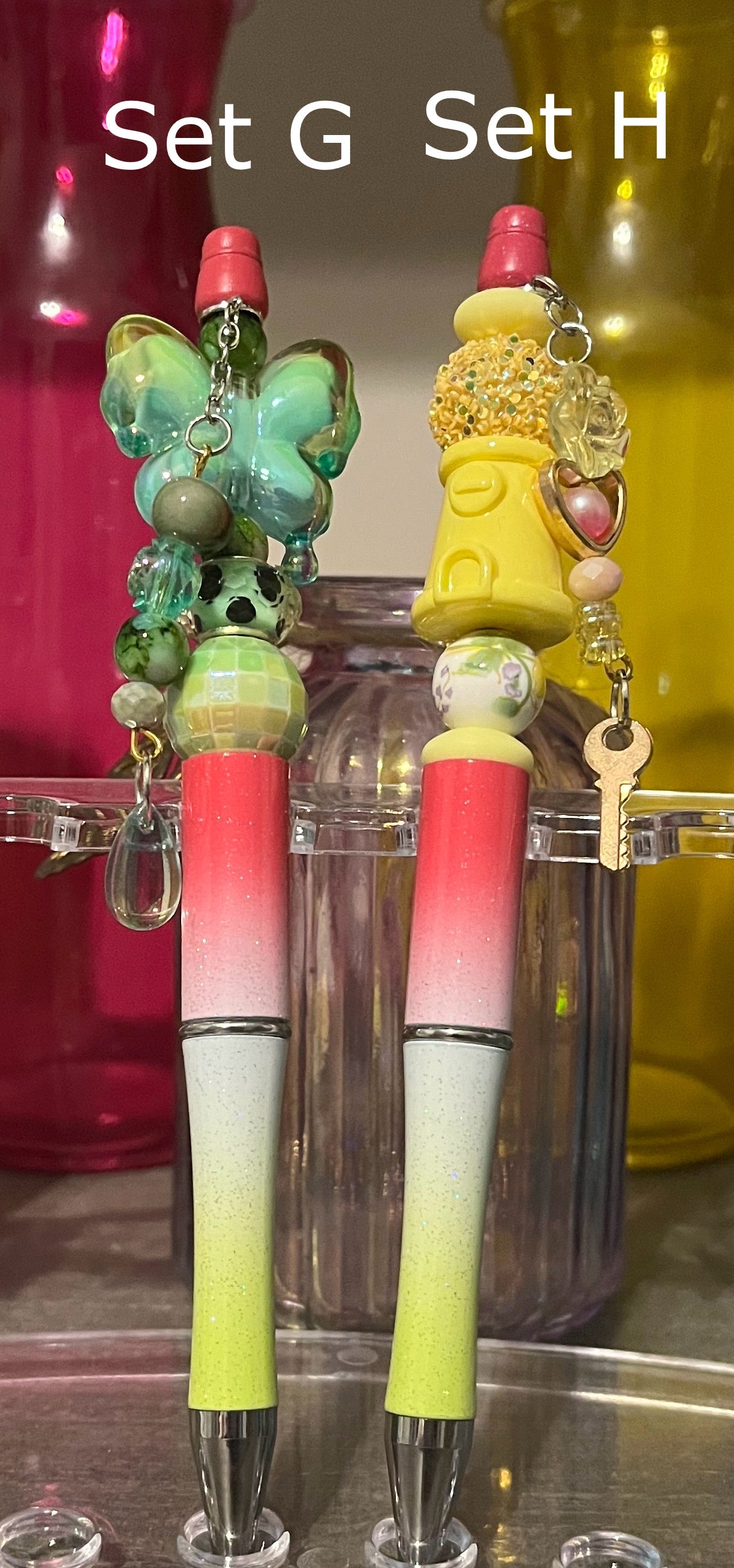 Glitter Pink-White-Lime Ombré Beaded Pens