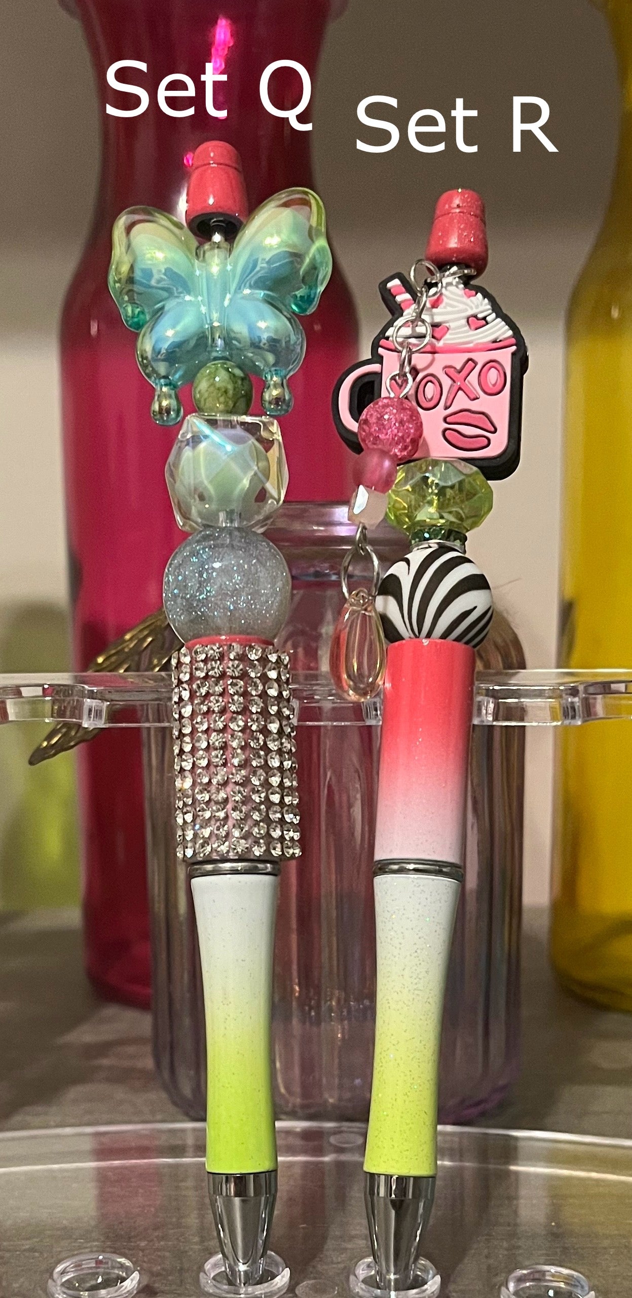 Glitter Pink-White-Lime Ombré Beaded Pens